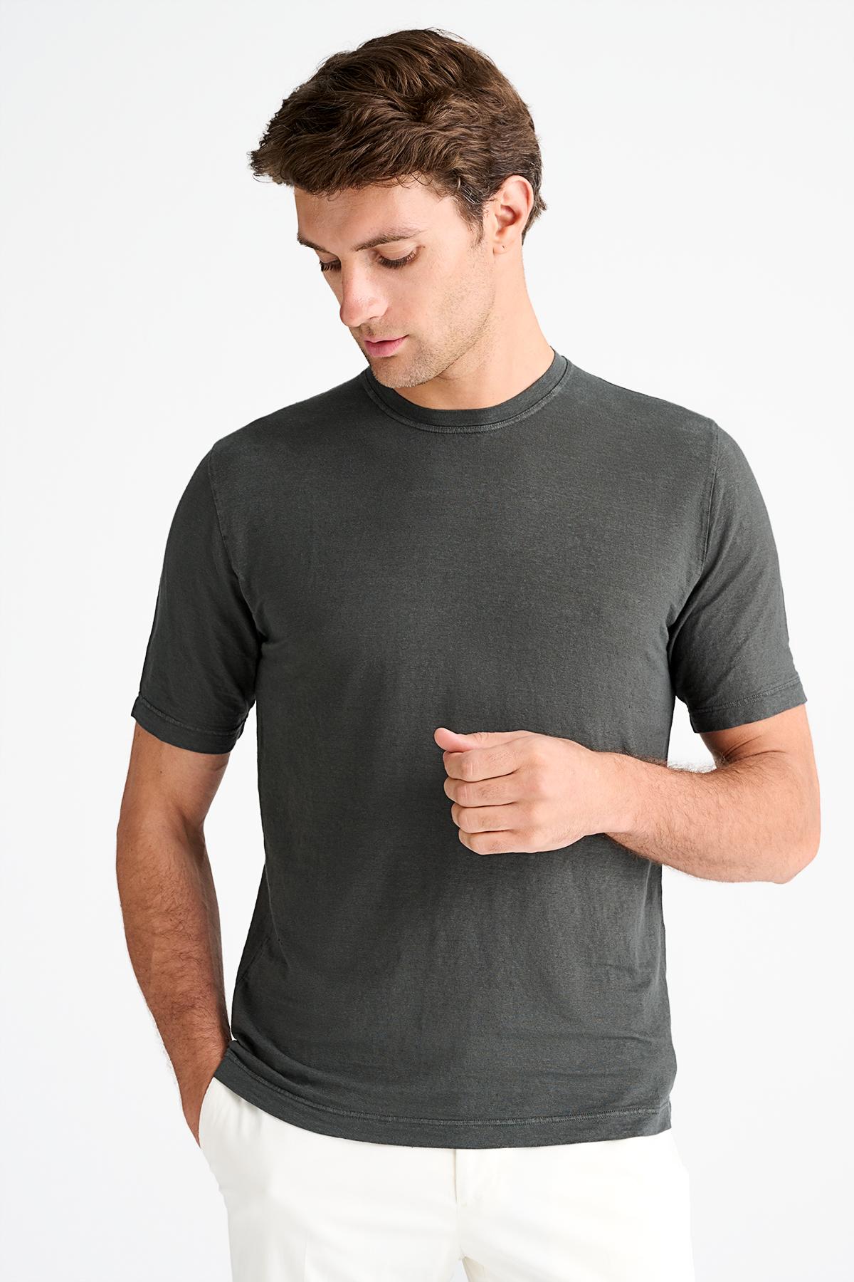 Erkek Yeşil Bisiklet Yaka Keten T-Shirt