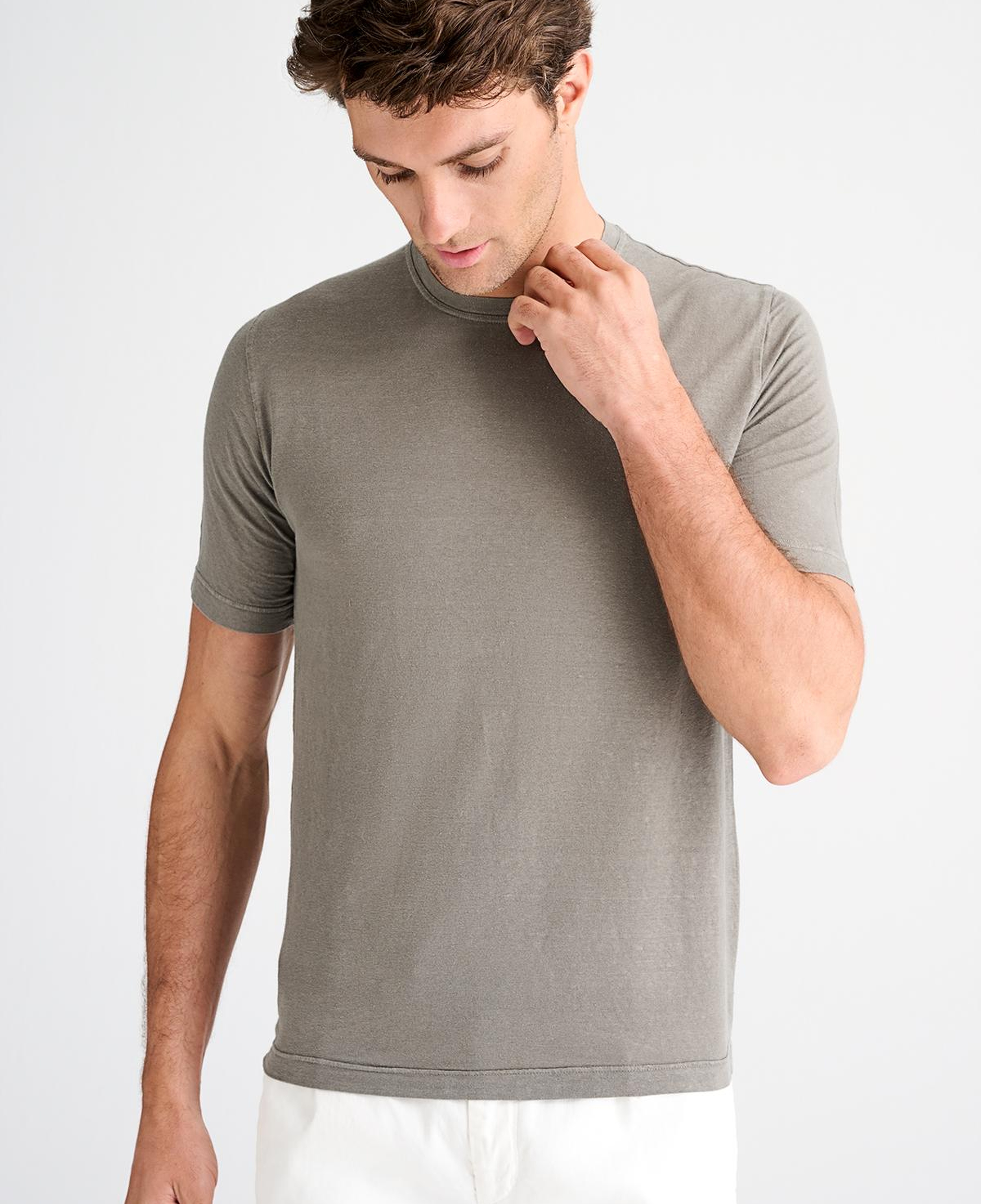Erkek Bej Bisiklet Yaka Keten T-Shirt