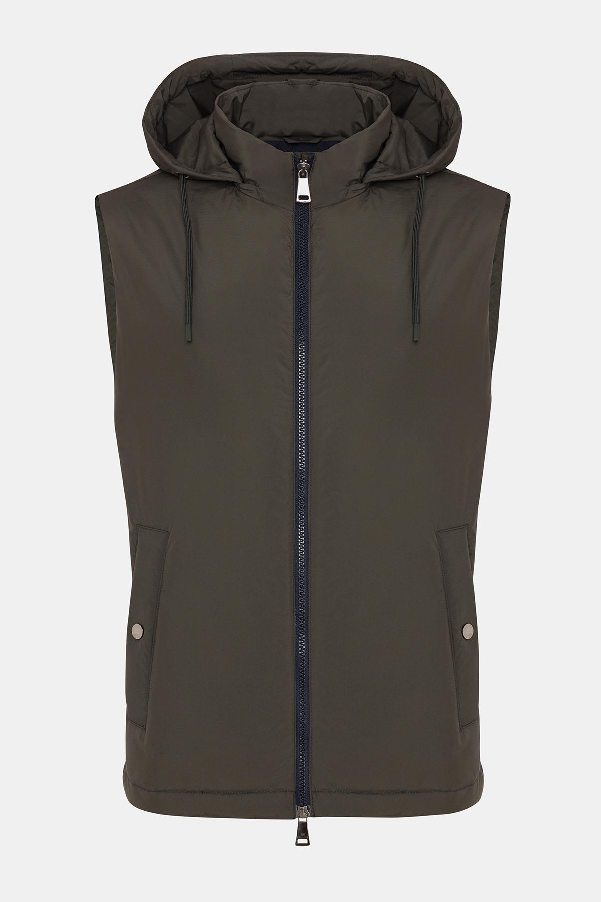 Erkek Haki Casual Kapüşonlu Yelek