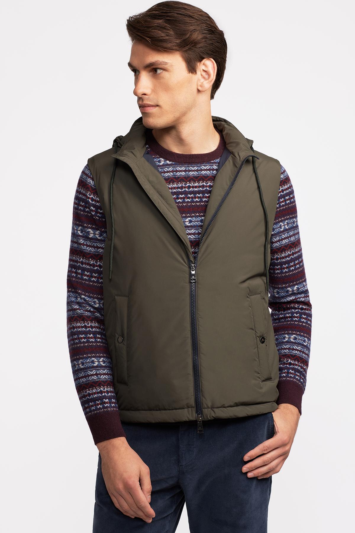 Erkek Haki Casual Kapüşonlu Yelek