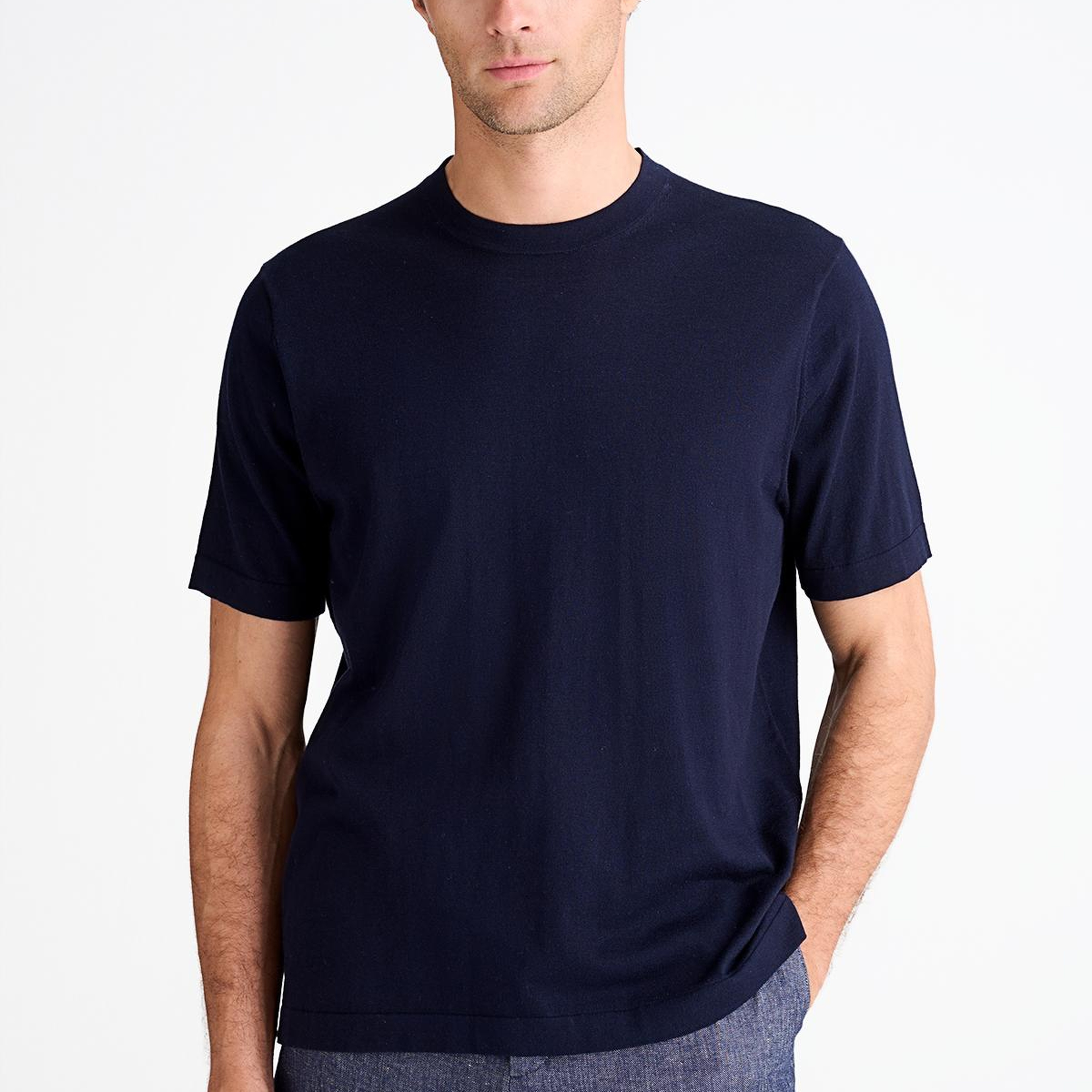 Erkek Lacivert Pamuk İpek Karışımlı Kısa Kollu Kazak