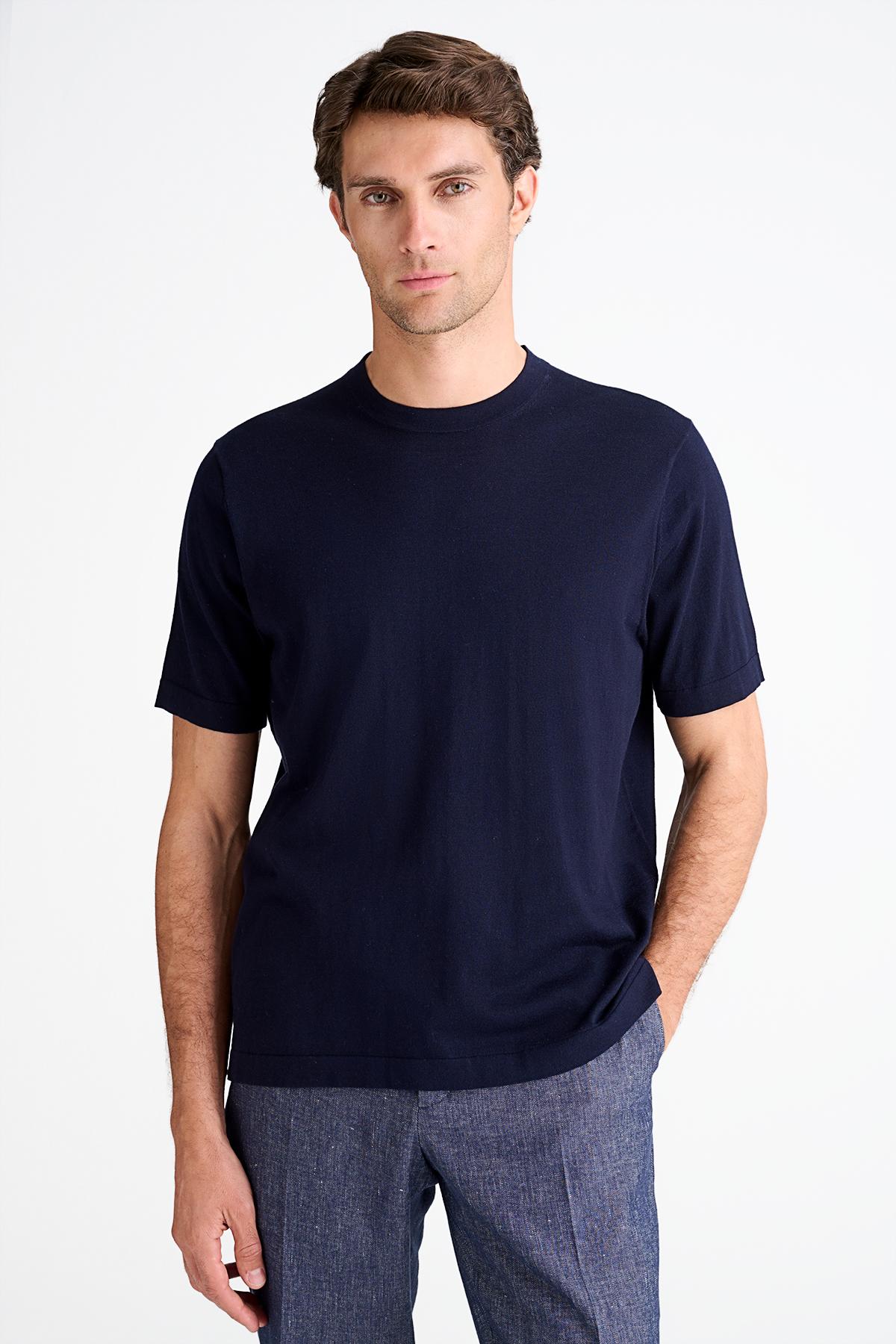 Erkek Lacivert Pamuk İpek Karışımlı Kısa Kollu Kazak