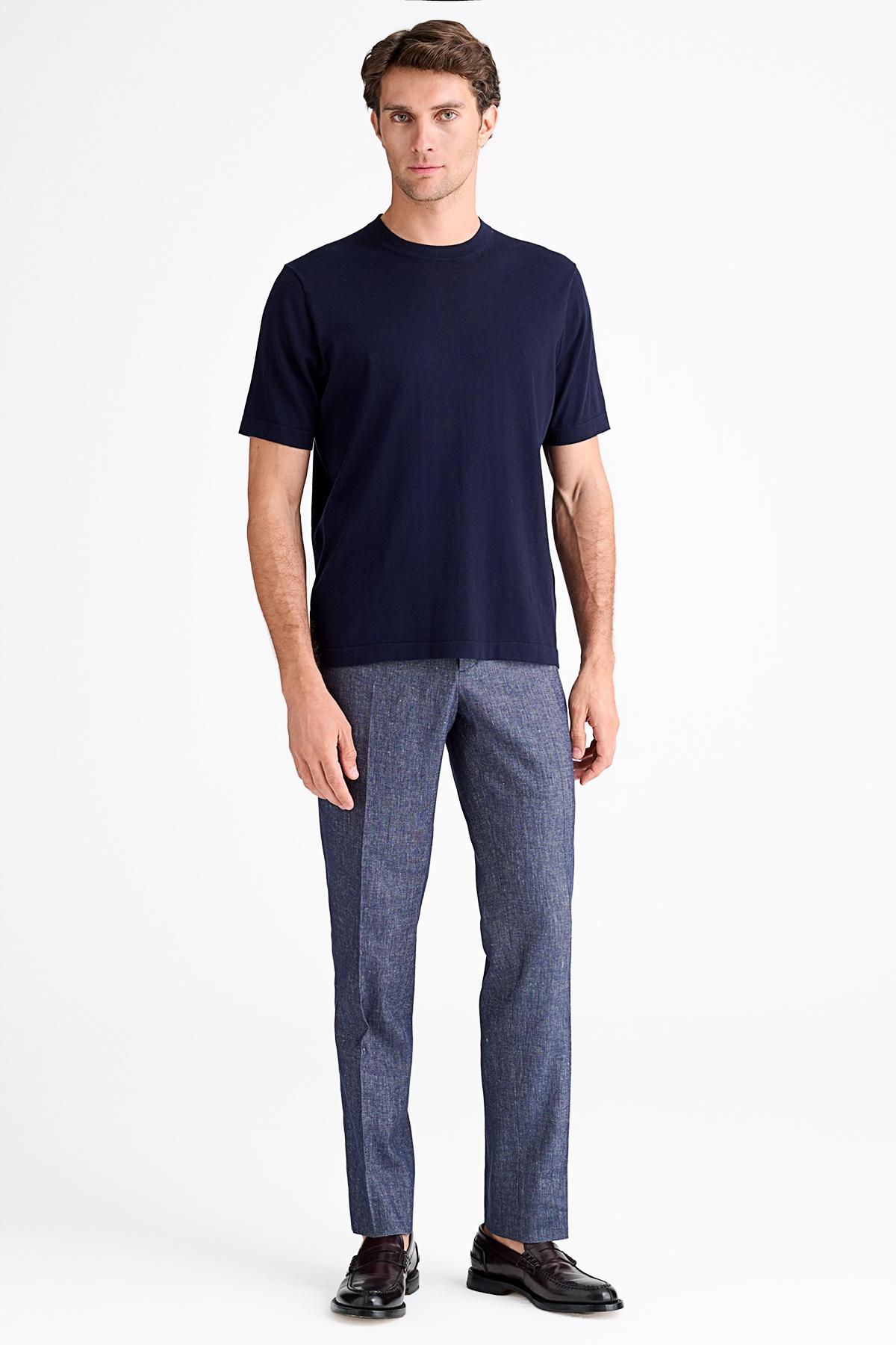 Erkek Lacivert Pamuk İpek Karışımlı Kısa Kollu Kazak