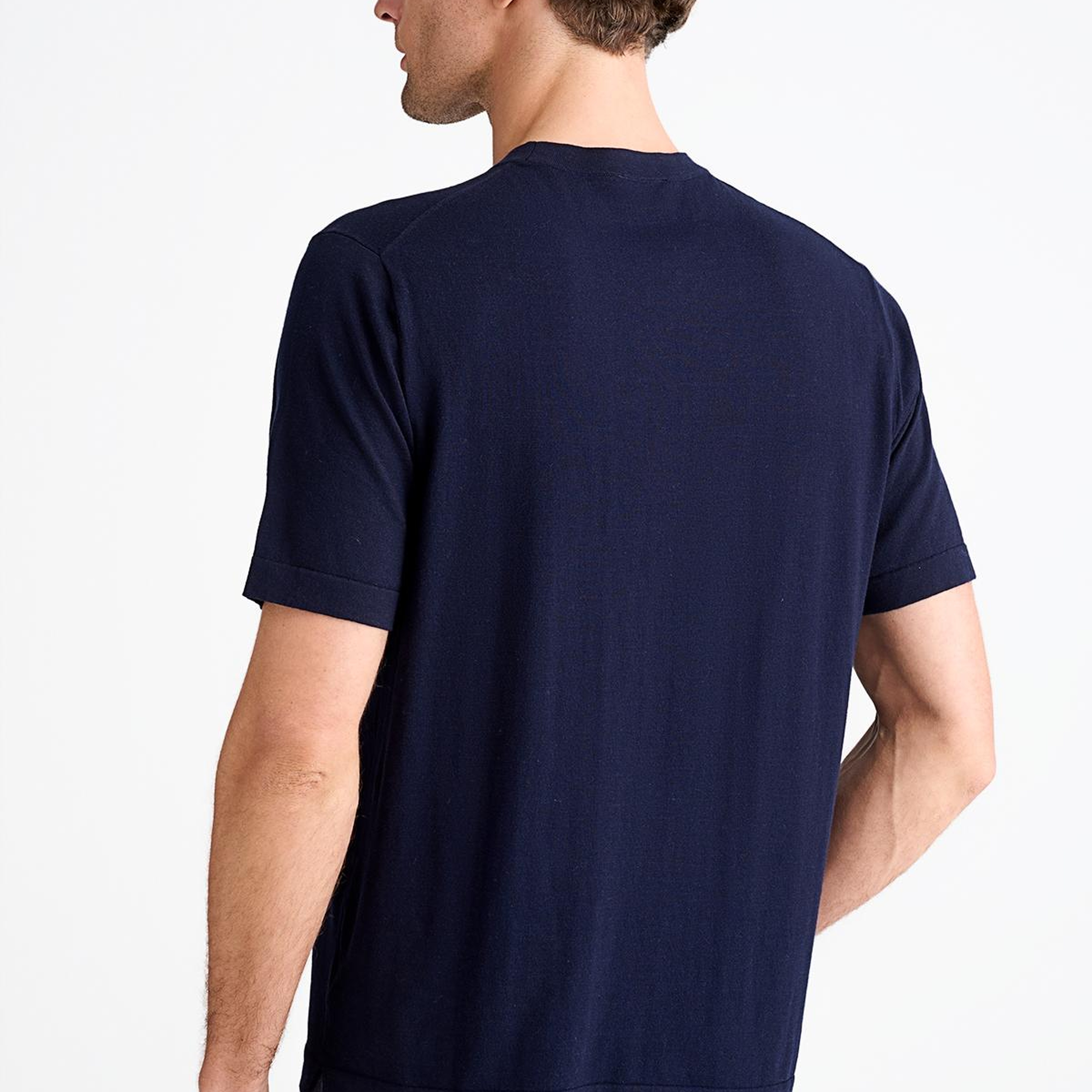 Erkek Lacivert Pamuk İpek Karışımlı Kısa Kollu Kazak