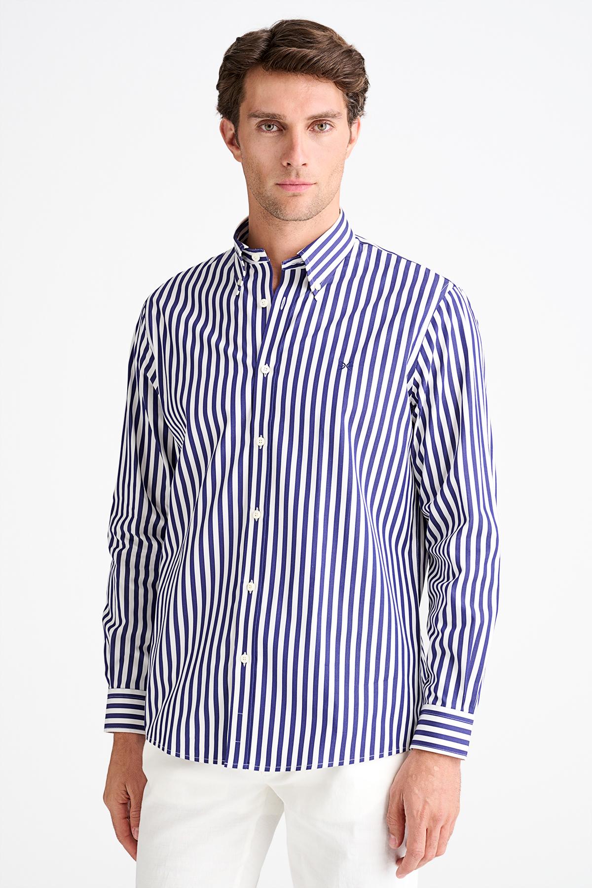 Erkek Lacivert Cooper Fit Düğmeli Yaka Çizgili Spor Gömlek