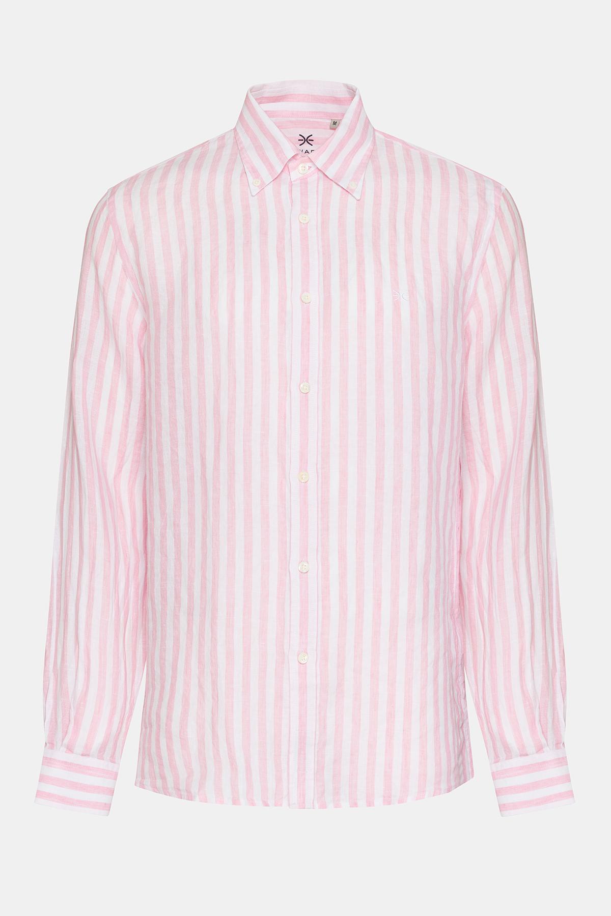 Erkek Pembe Düğmeli Yaka Cooper Fit İrlanda Keten Gömlek