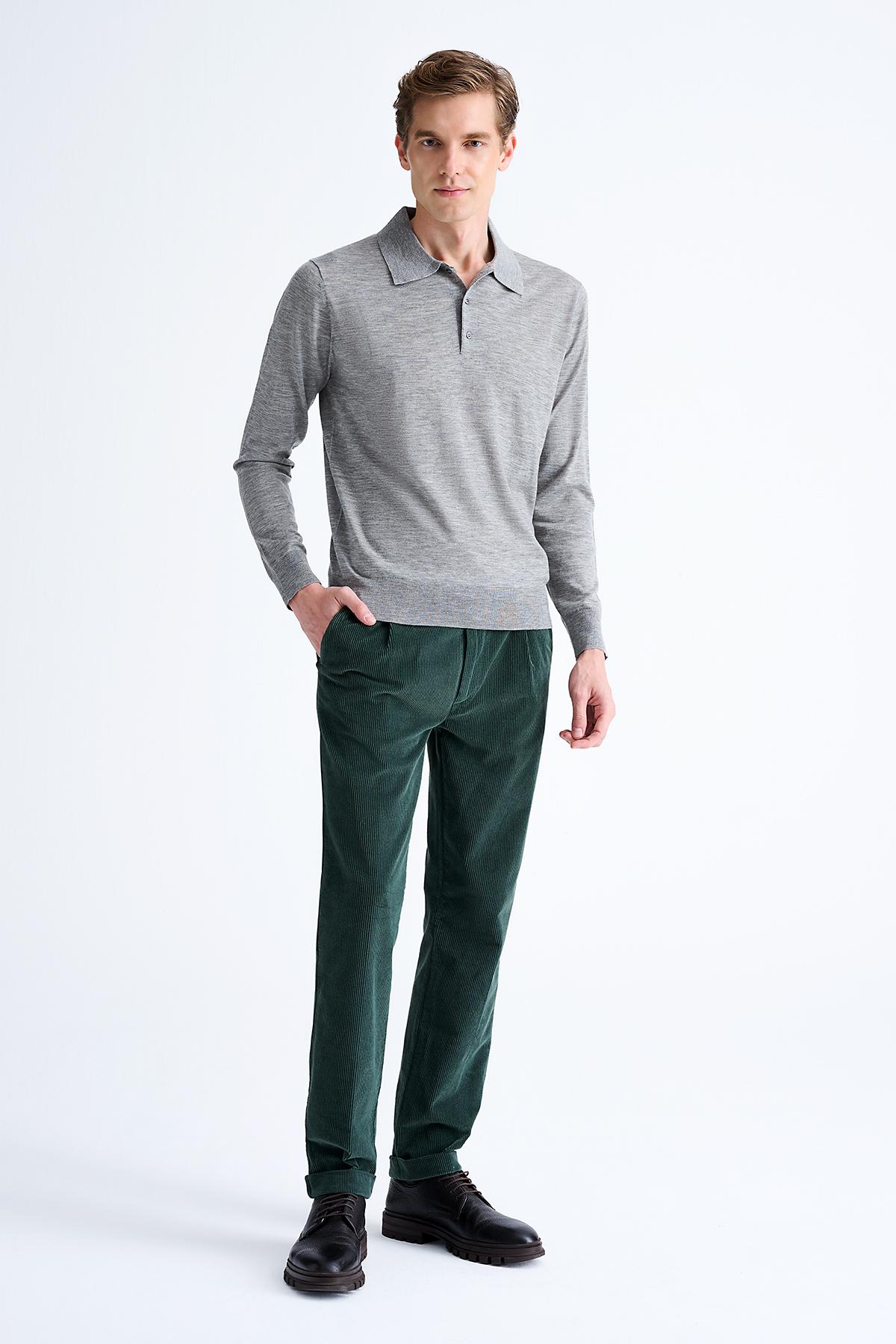 Erkek Gri Polo Yaka Yün Kazak