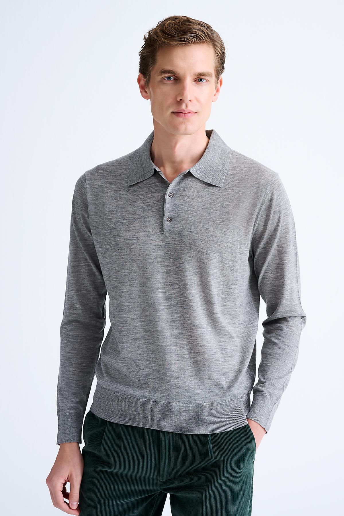 Erkek Gri Polo Yaka Yün Kazak