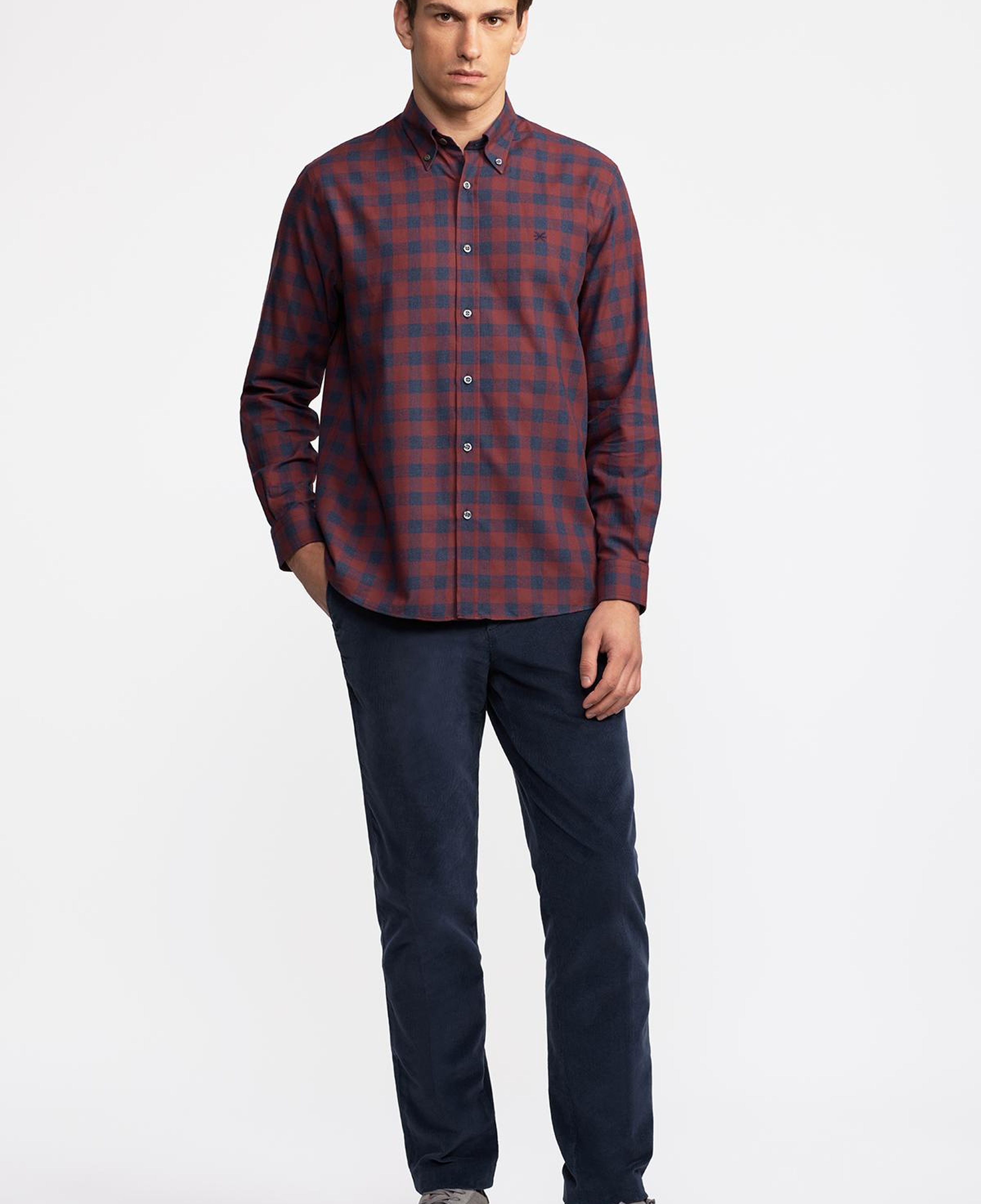Erkek Kırmızı Cooper Fit Düğmeli Yaka Ekoseli Spor Gömlek