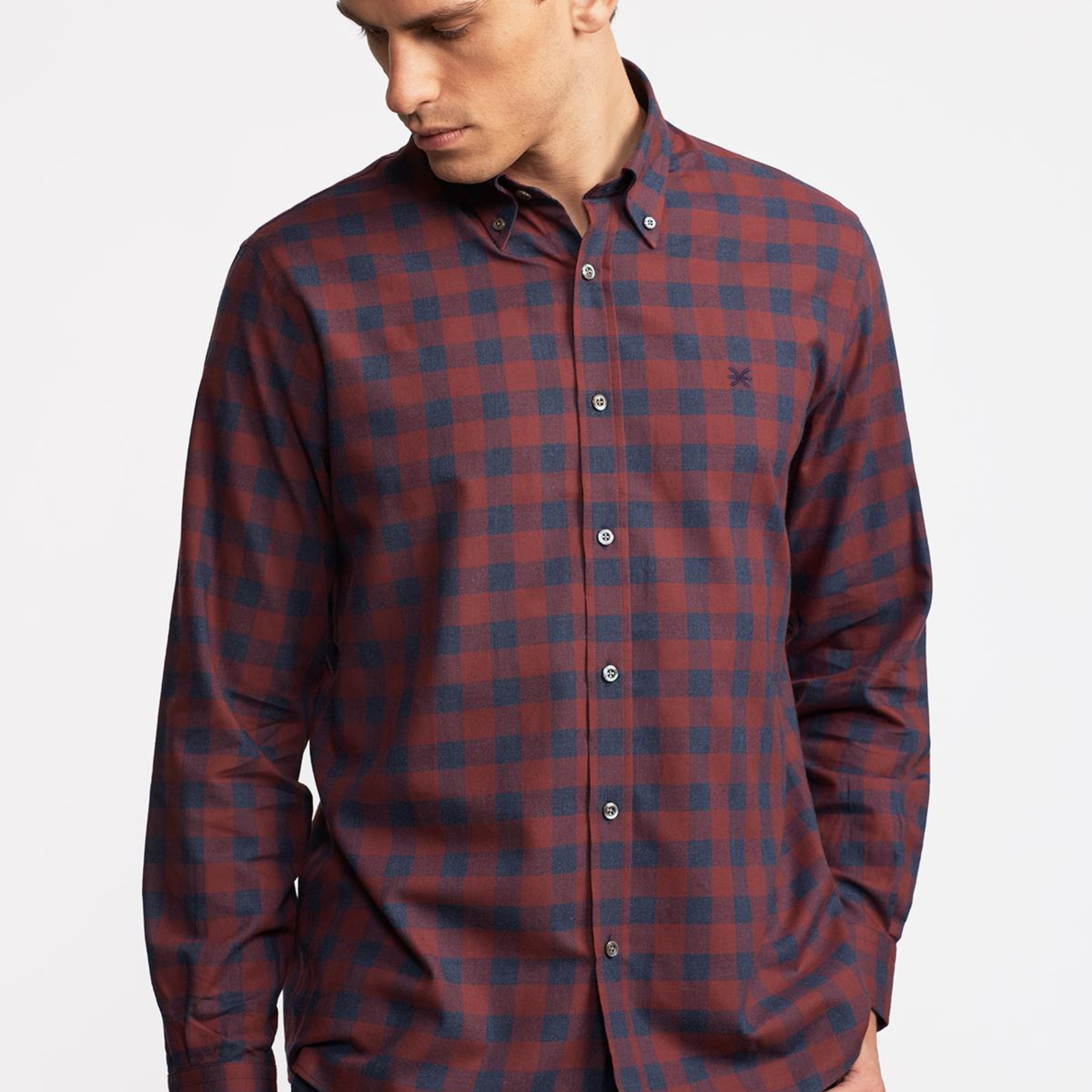 Erkek Kırmızı Cooper Fit Düğmeli Yaka Ekoseli Spor Gömlek