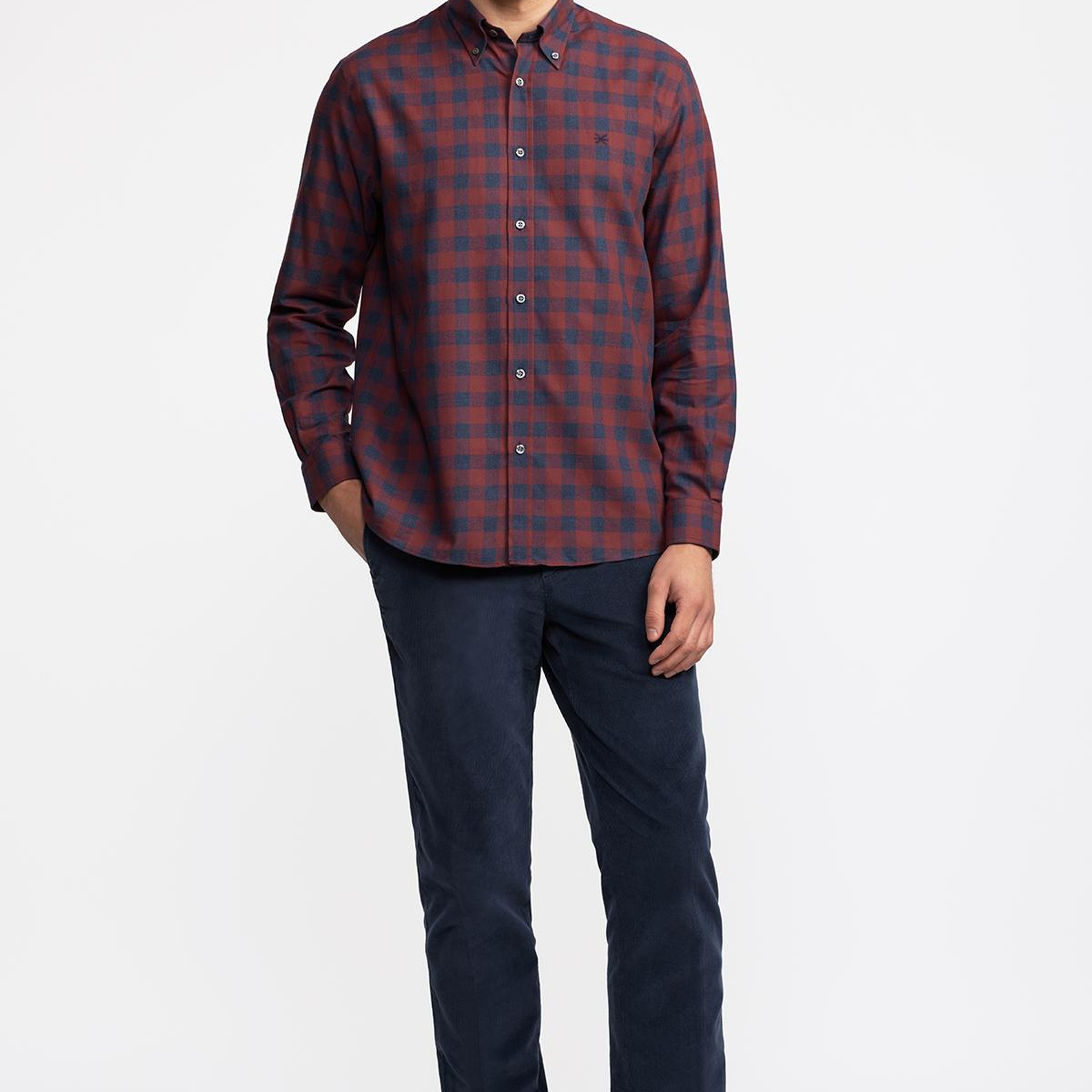 Erkek Kırmızı Cooper Fit Düğmeli Yaka Ekoseli Spor Gömlek