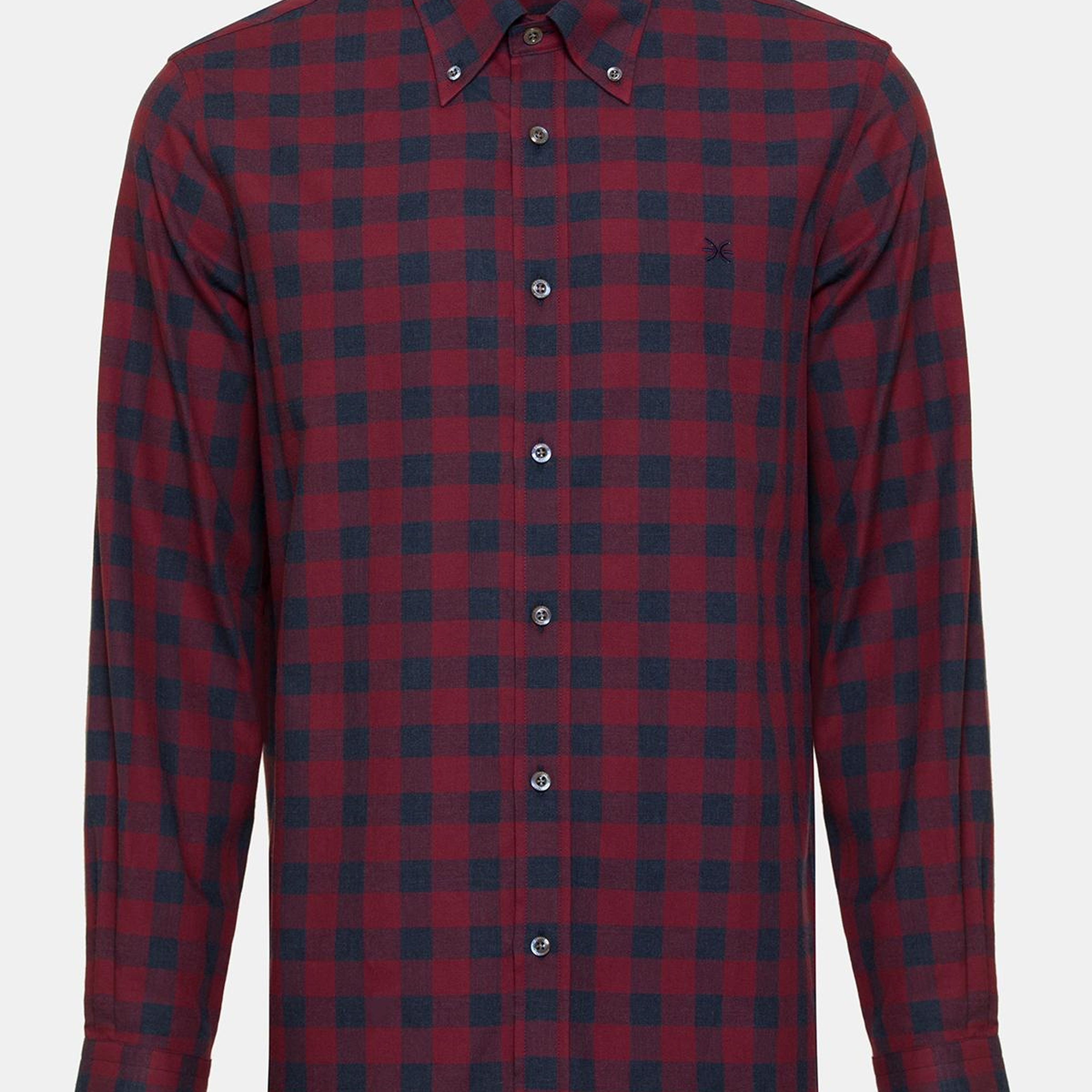 Erkek Kırmızı Cooper Fit Düğmeli Yaka Ekoseli Spor Gömlek