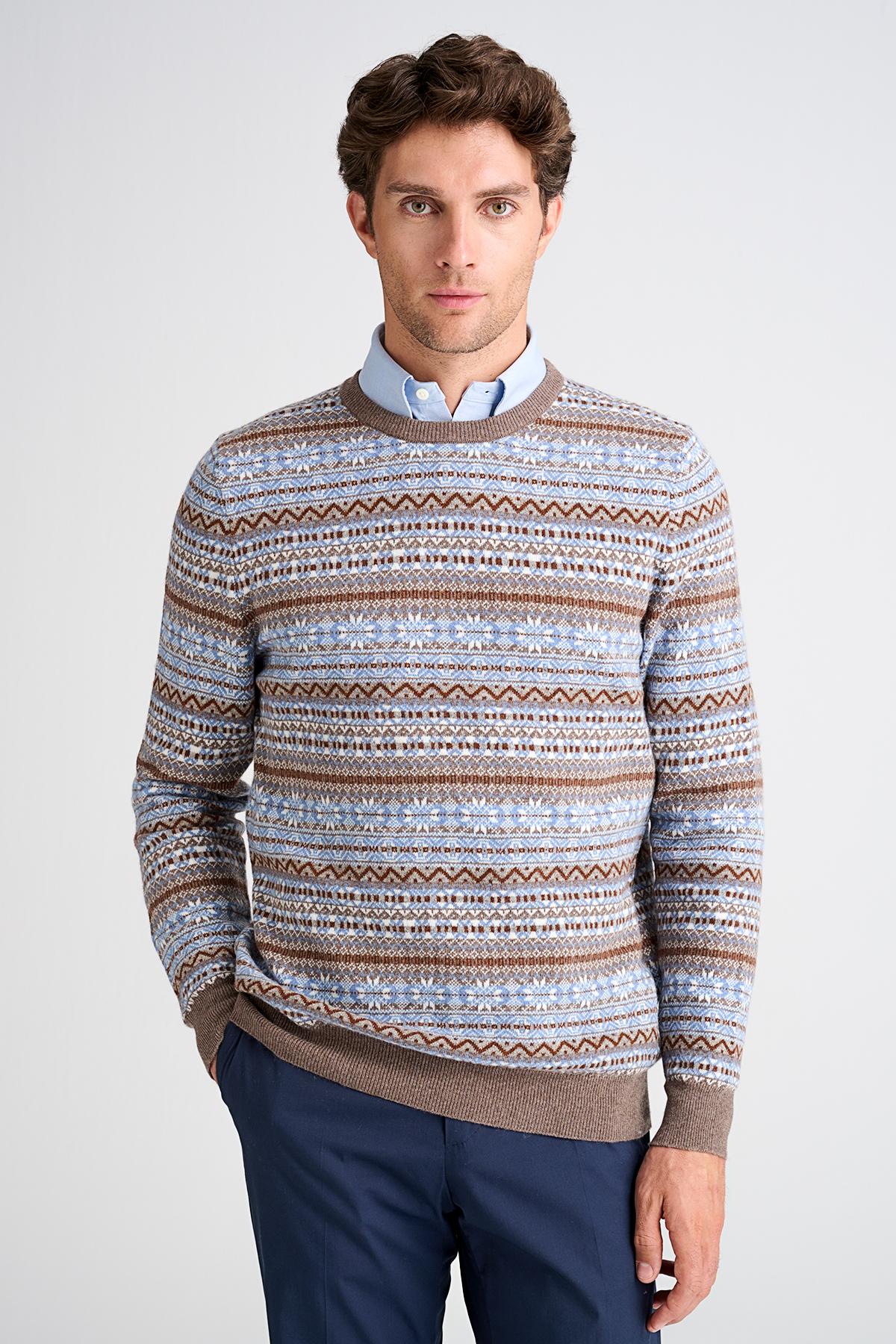 Erkek Kahverengi Bisiklet Yaka Desenli Lambswool Kazak