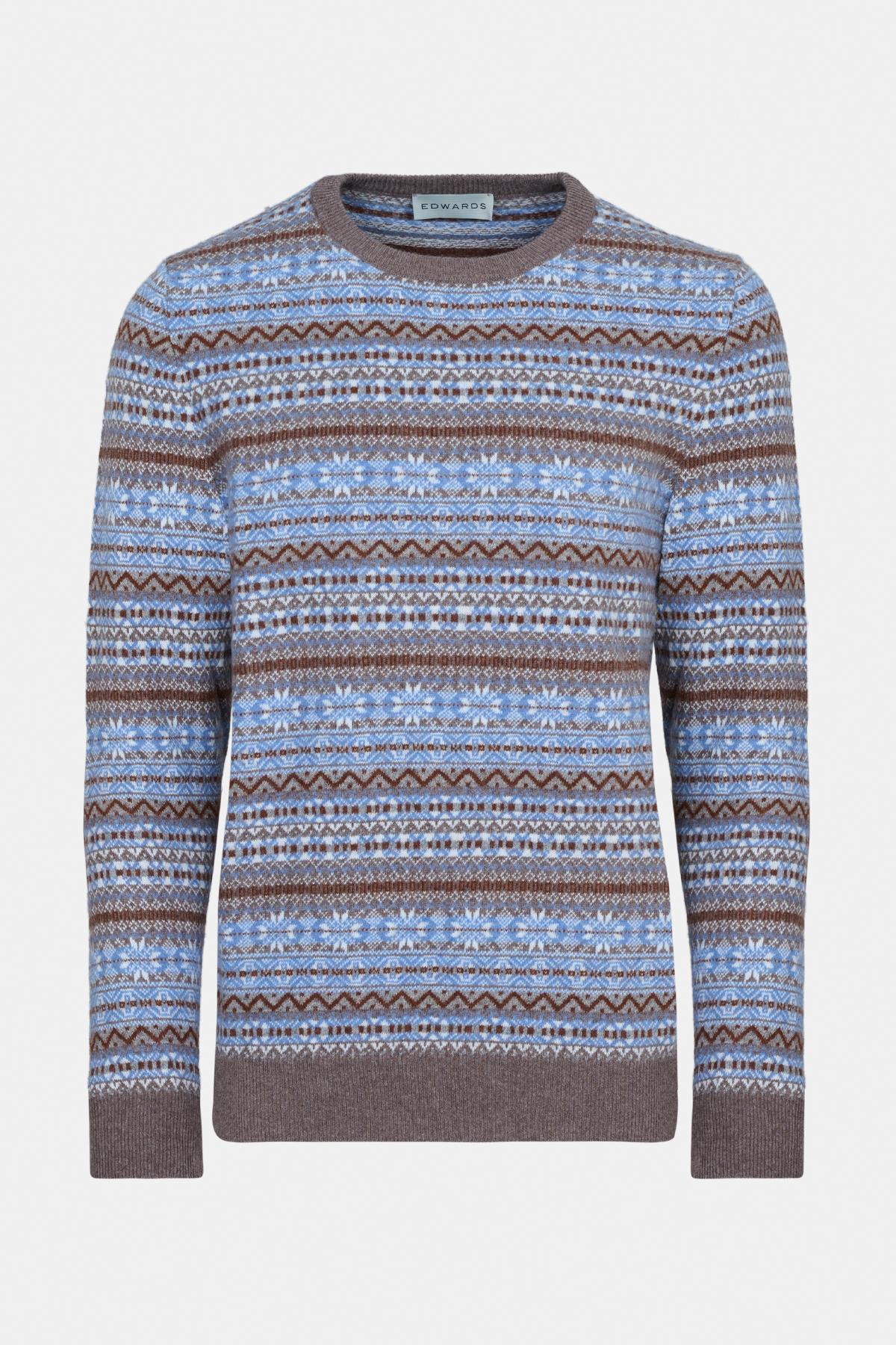 Erkek Kahverengi Bisiklet Yaka Desenli Lambswool Kazak