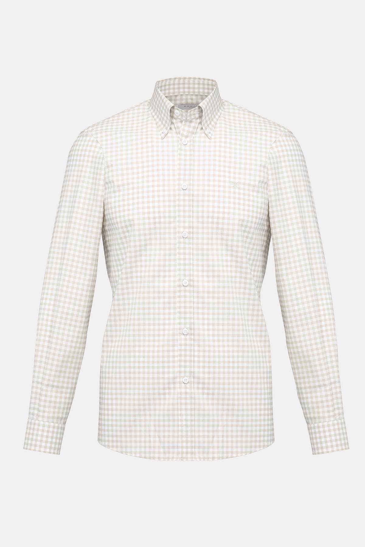 Erkek Kahverengi Cooper Fit Düğmeli Yaka Ekoseli Spor Gömlek