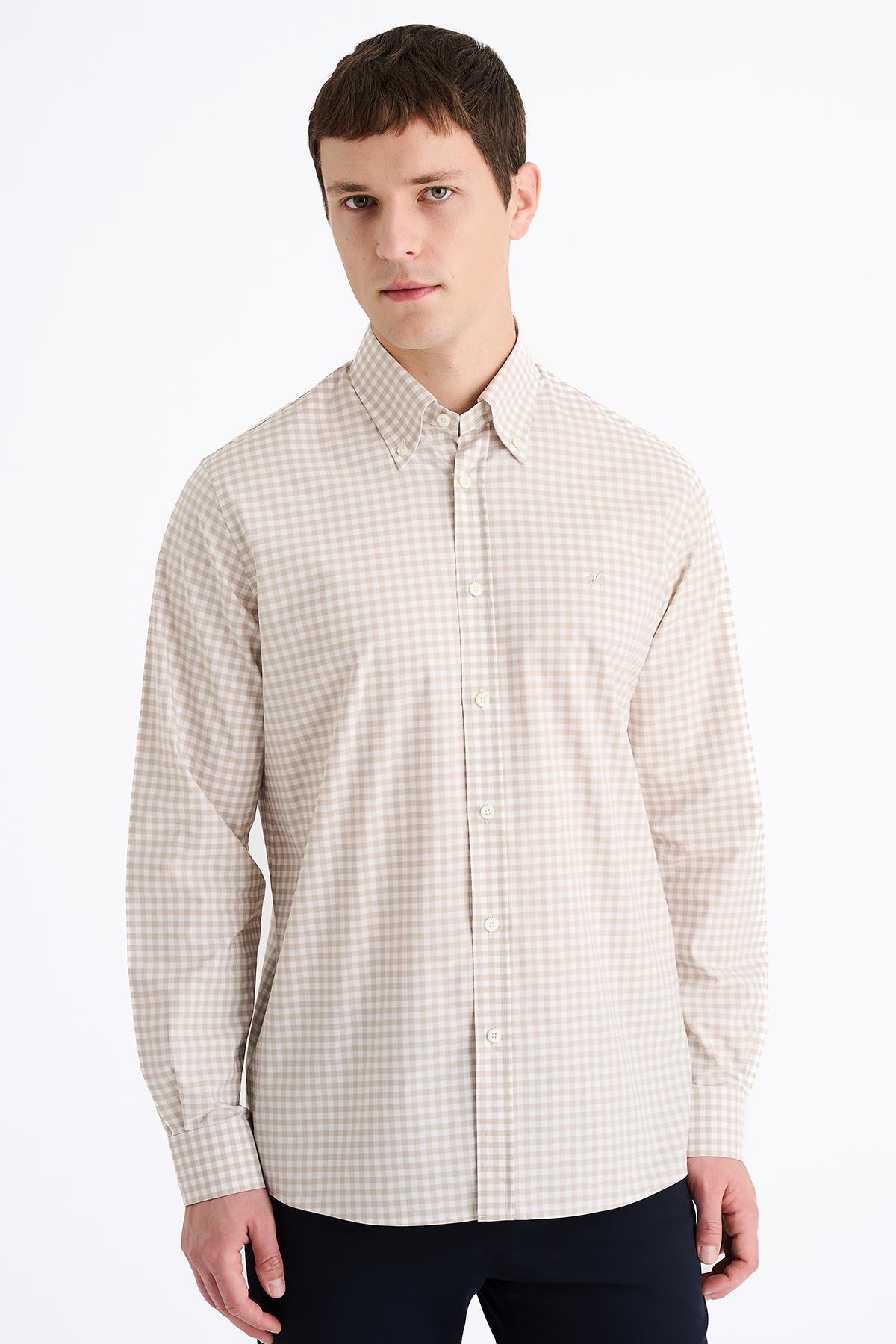 Erkek Kahverengi Cooper Fit Düğmeli Yaka Ekoseli Spor Gömlek