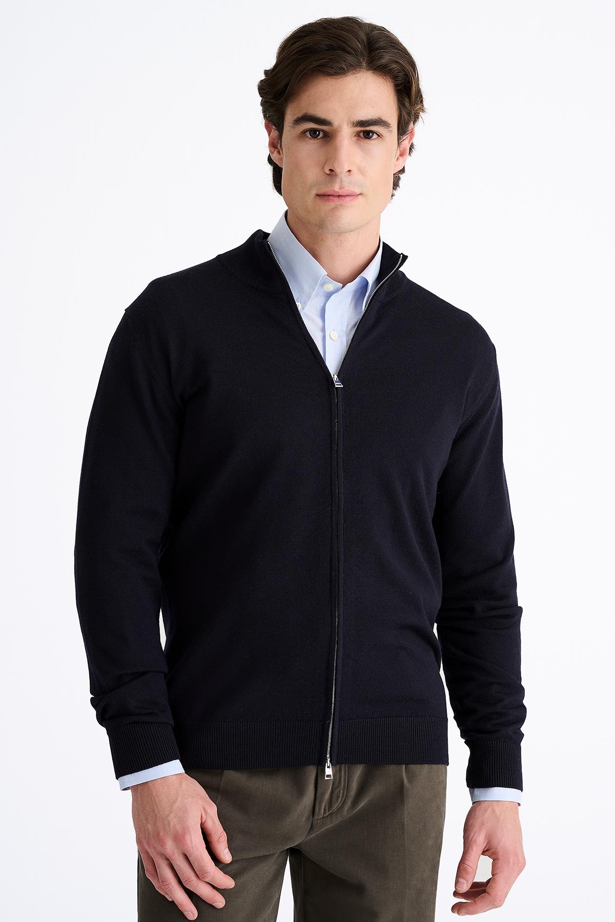 Erkek Lacivert Extrafine Yün Fermuarlı Hırka