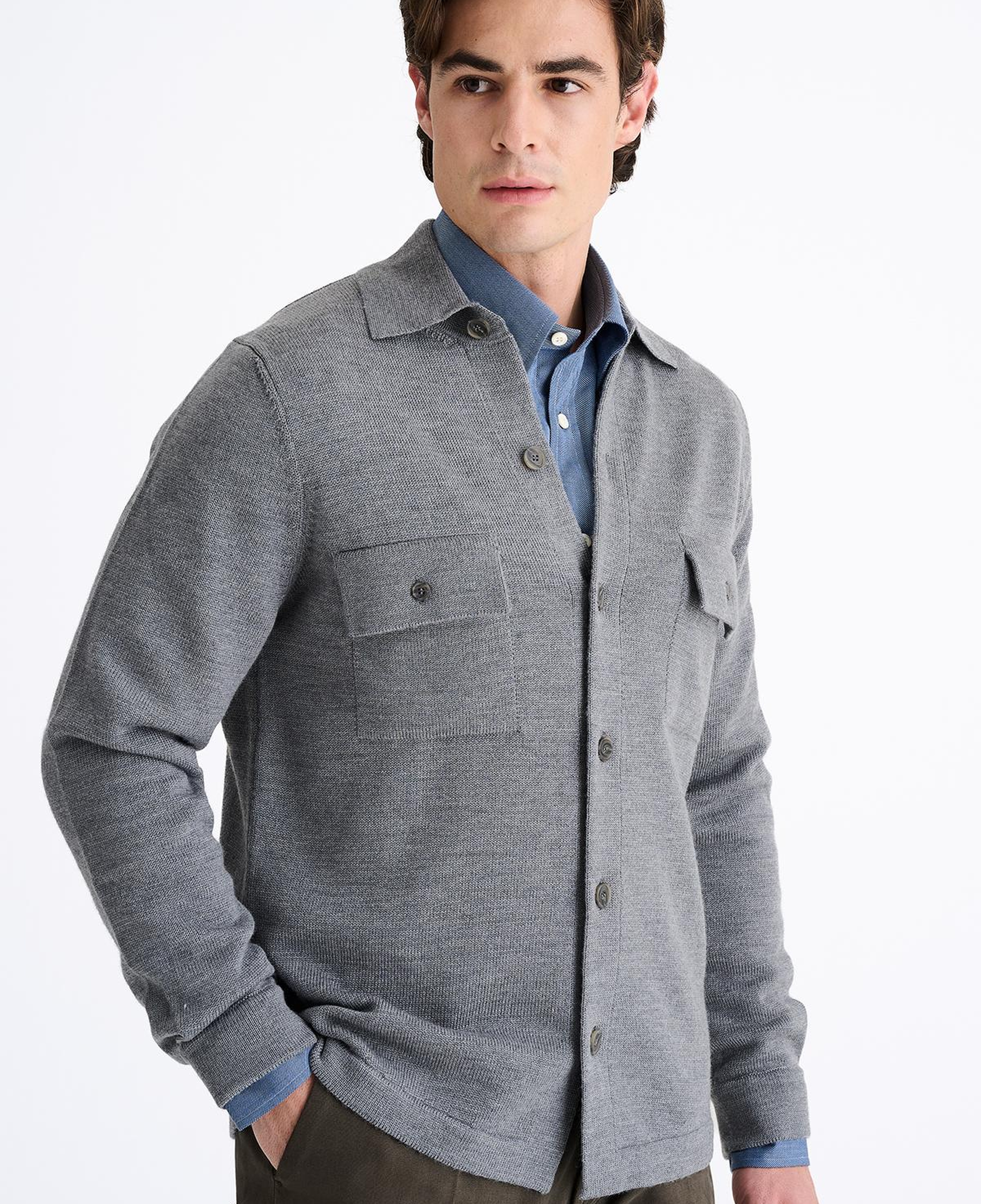 Erkek Gri Extrafine Yün Overshirt Triko