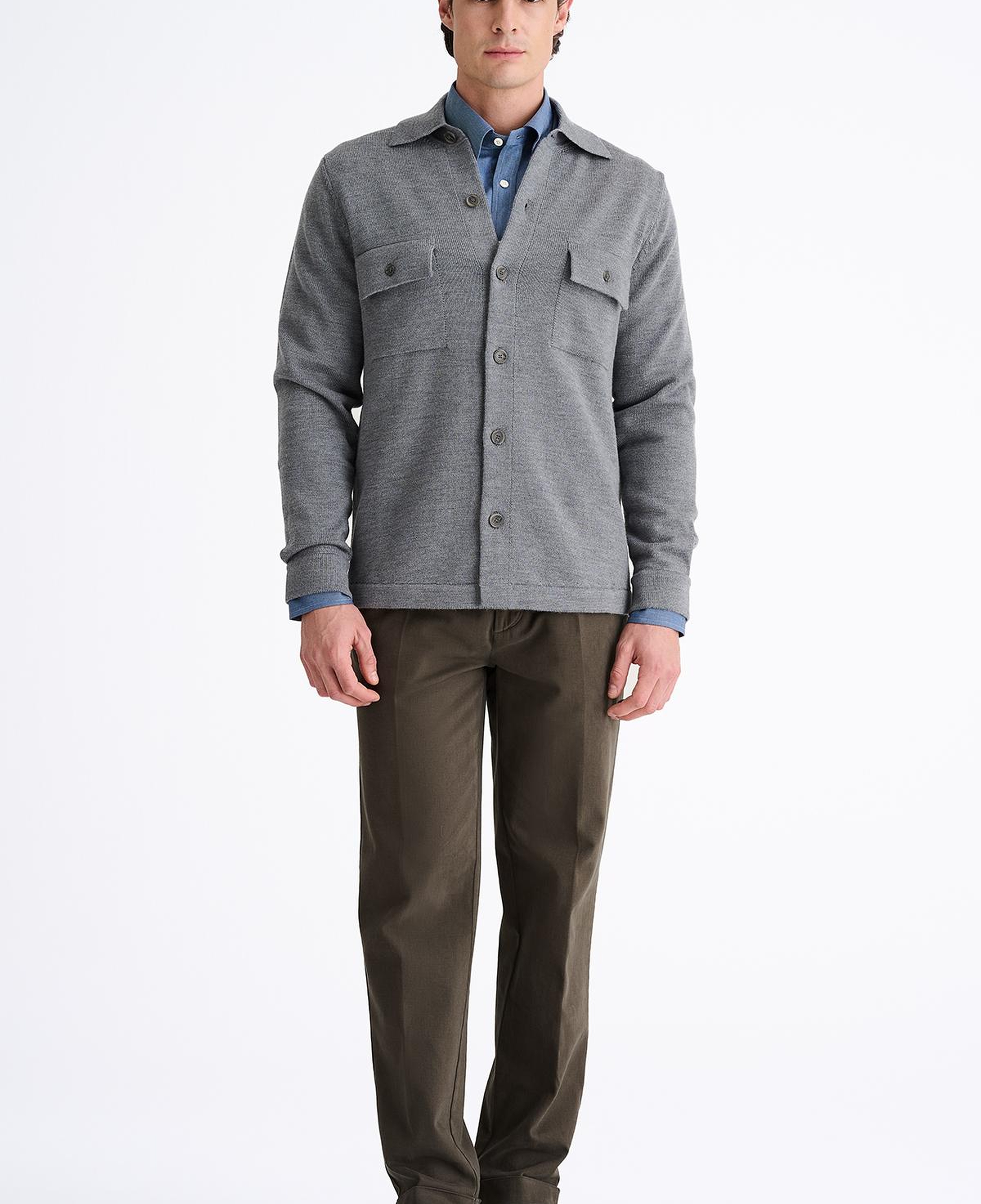 Erkek Gri Extrafine Yün Overshirt Triko