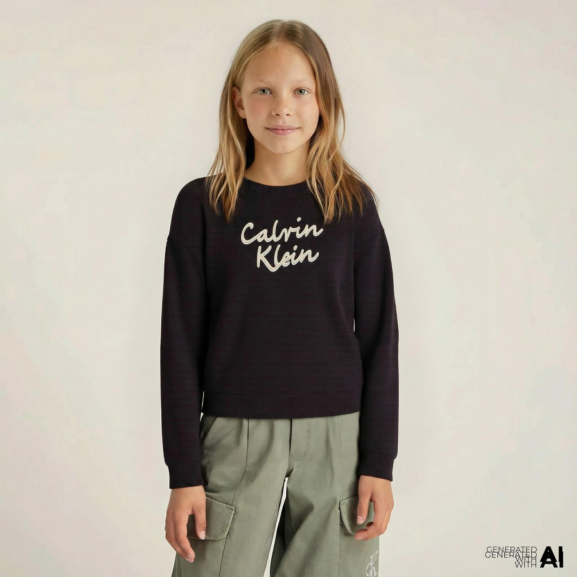 Calvin Klein Logo Metallic Intersia Çocuk Siyah Triko