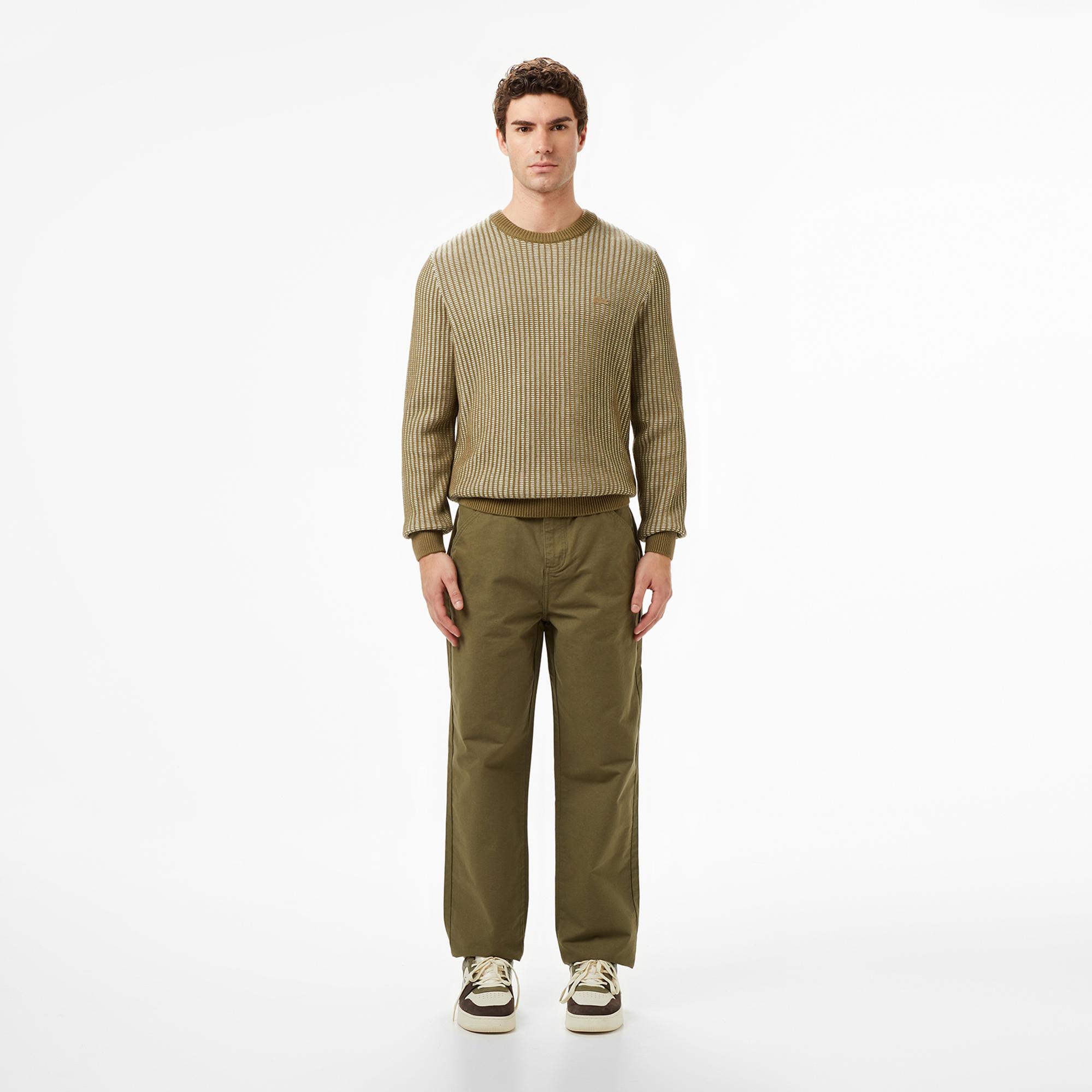 Lacoste Erkek Classic Fit Bisiklet Yaka Desenli Haki Kazak