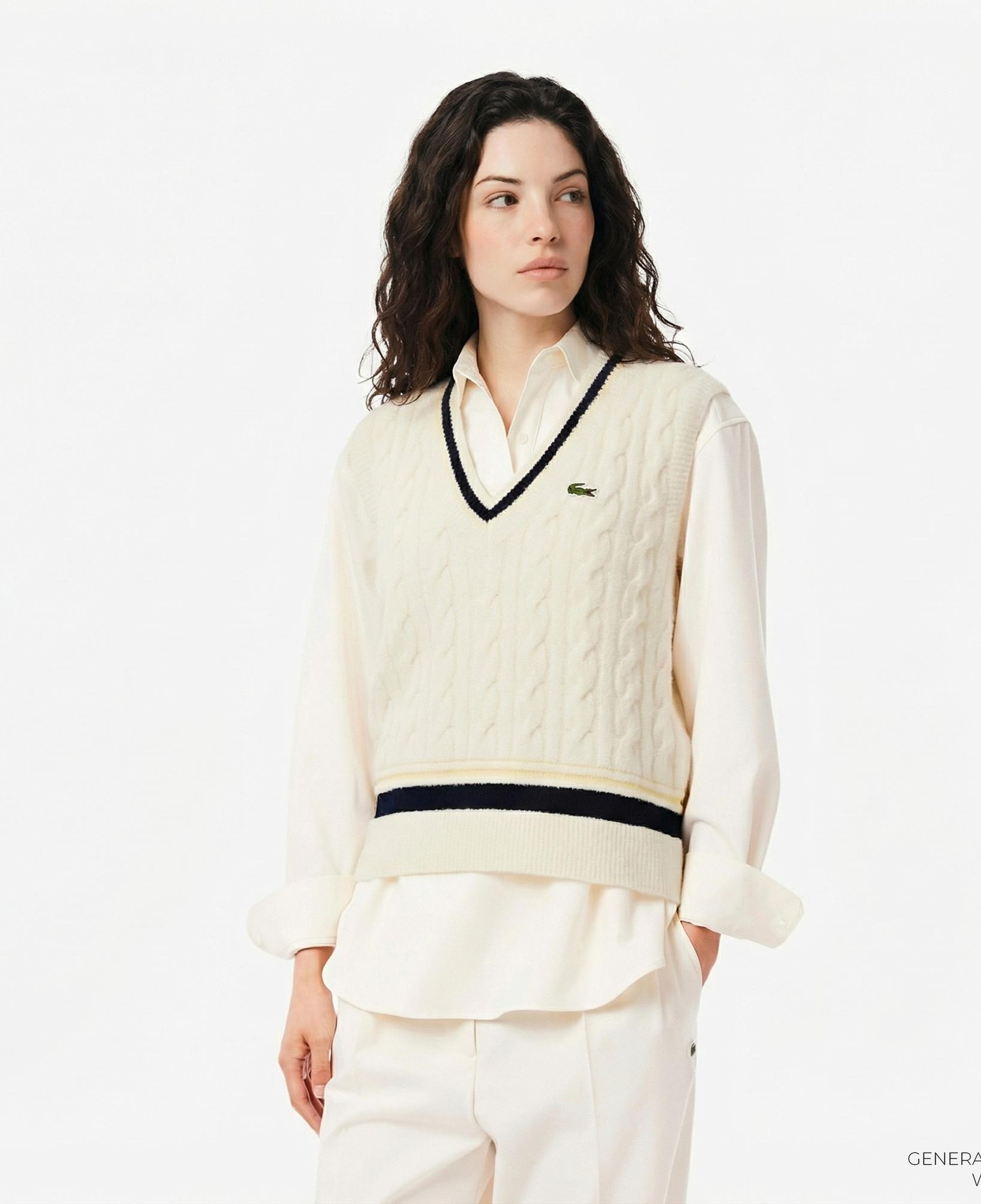 Lacoste Kadın Classic Fit V Yaka Krem Süveter