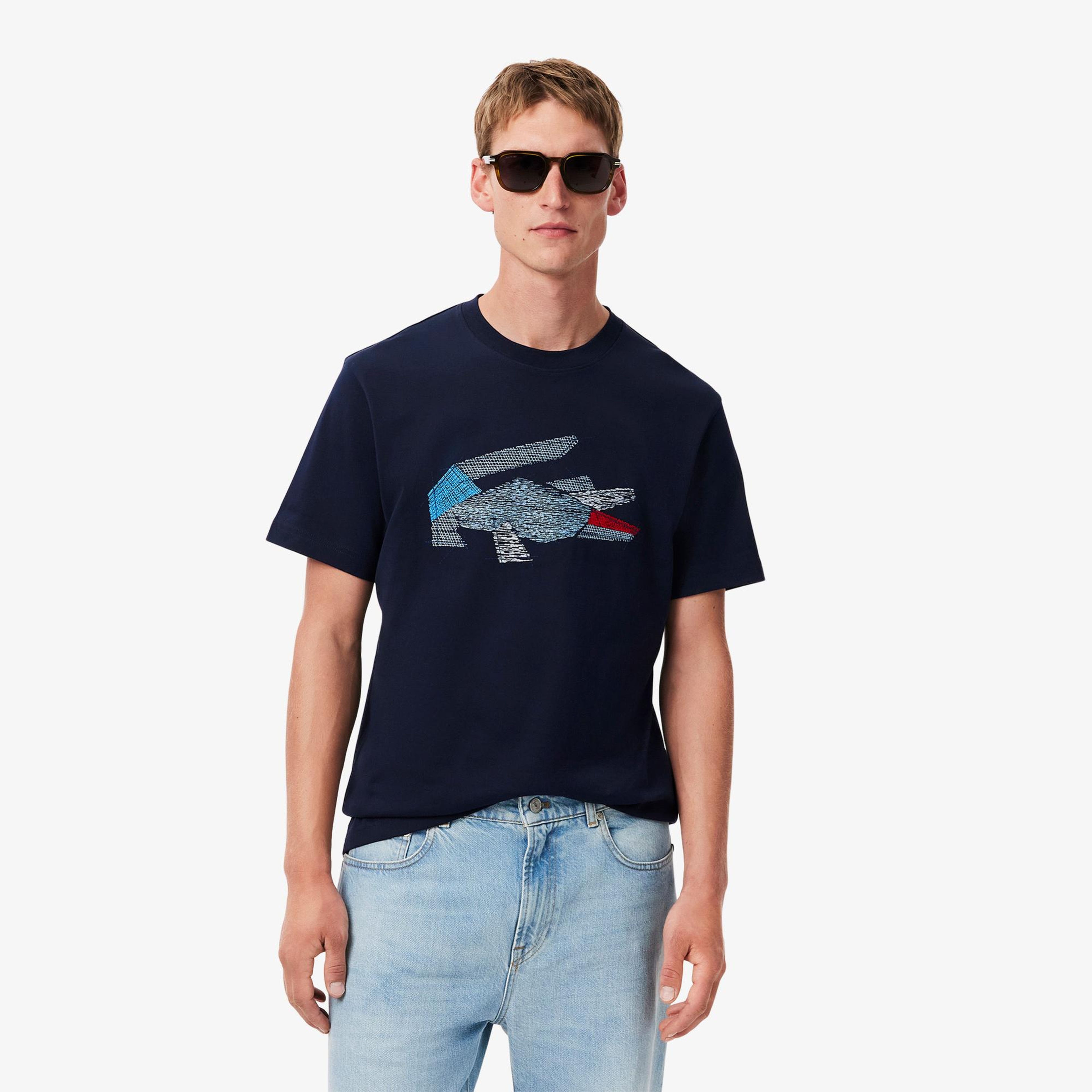 Lacoste Erkek Classic Fit Bisiklet Yaka Baskılı Lacivert T-Shirt