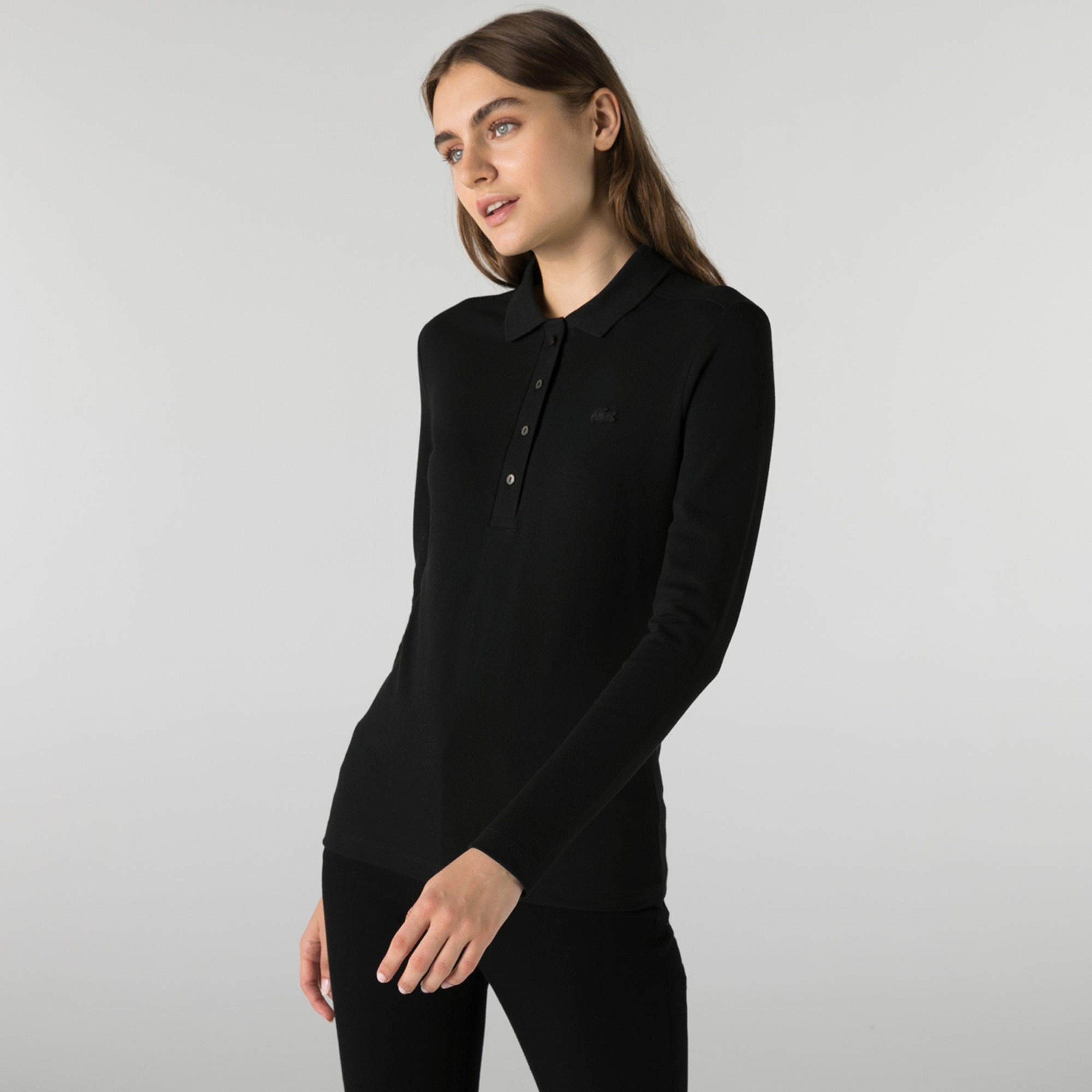 Lacoste Kadın Slim Fit Uzun Kollu Siyah Polo