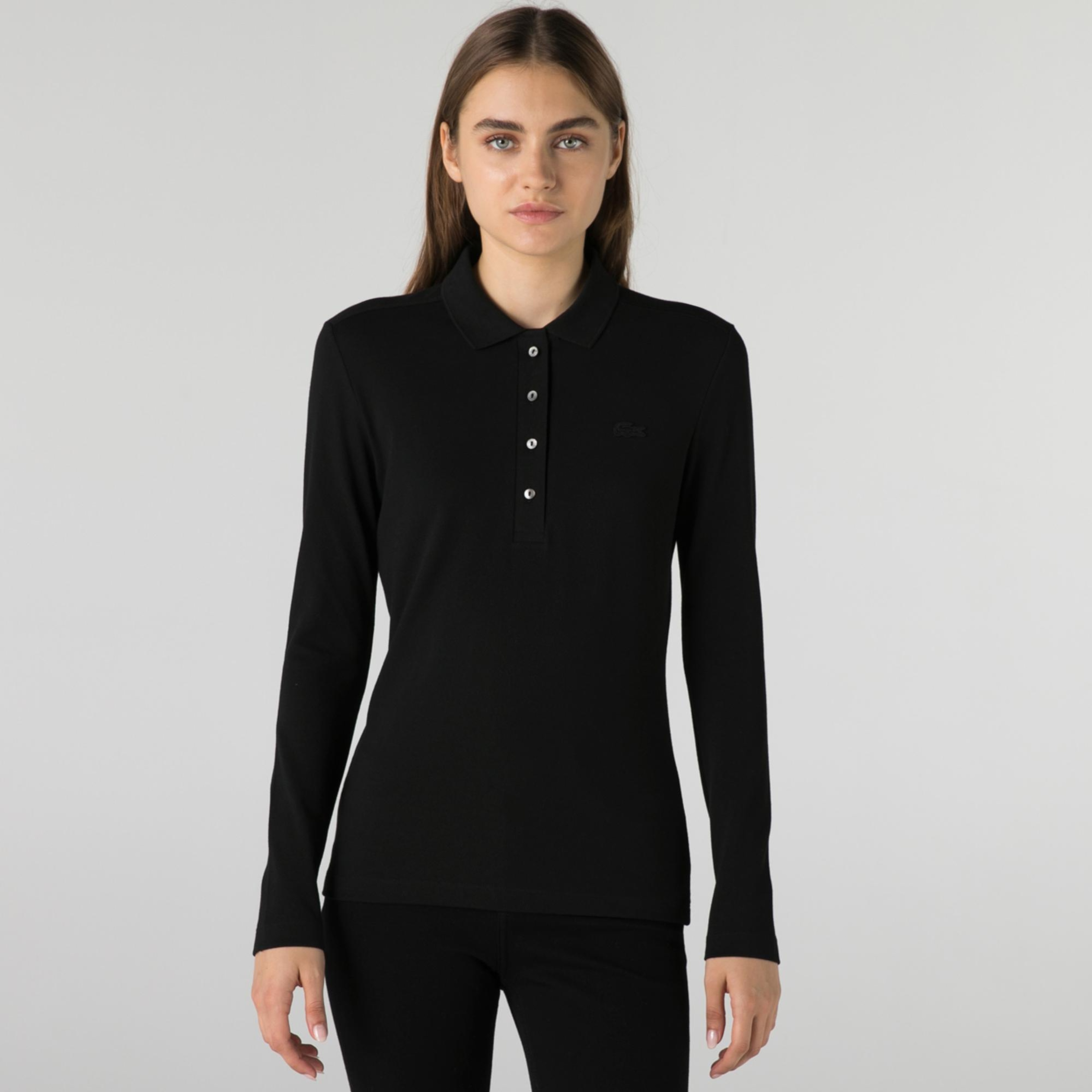 Lacoste Kadın Slim Fit Uzun Kollu Siyah Polo