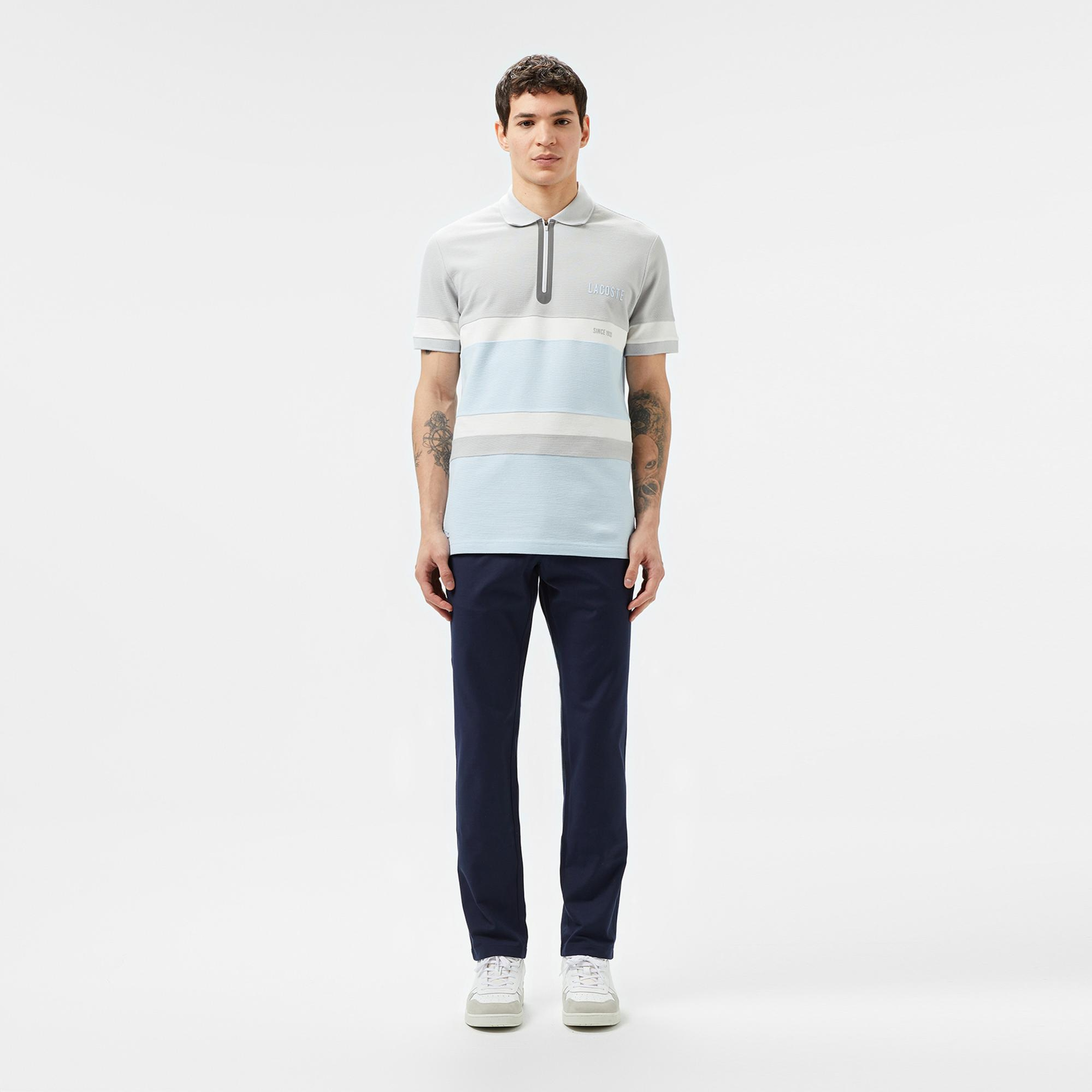 Lacoste Erkek Regular Fit Yarım Fermuarlı Renk Bloklu Açık Mavi Polo