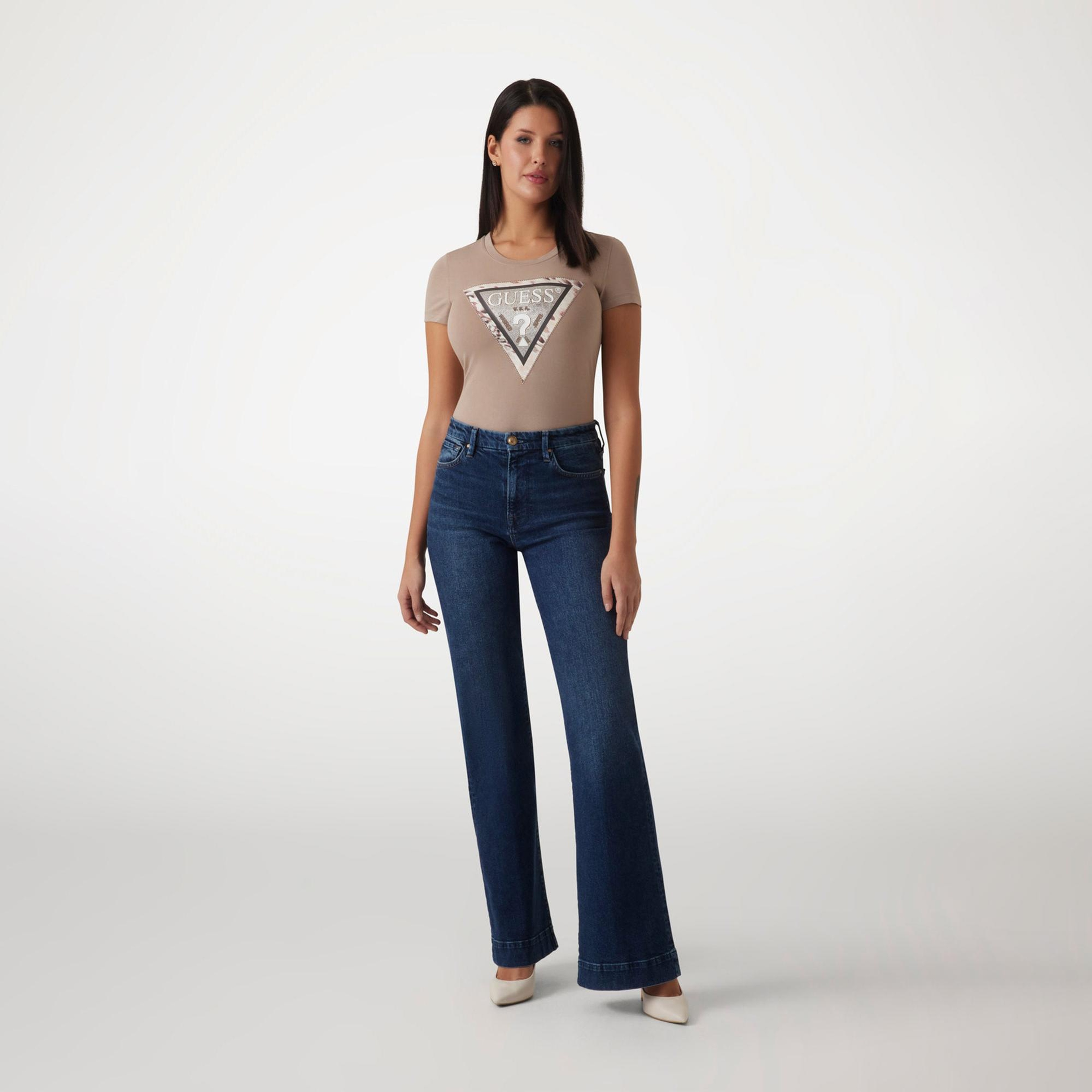 Guess Cheeta Logo Mid Organic Kadın Bej T-Shirt