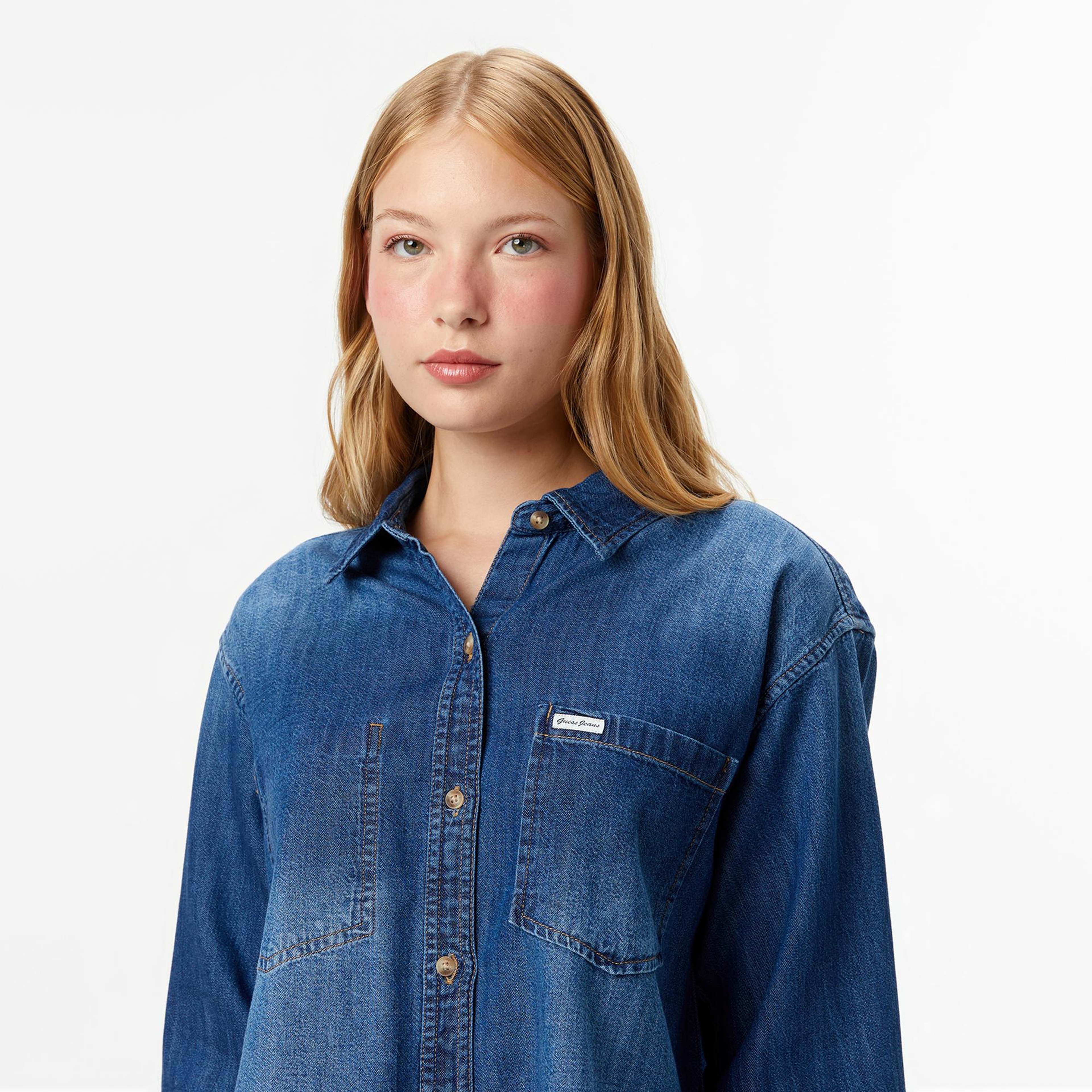 Guess Jeans Denim Kadın Mavi Gömlek