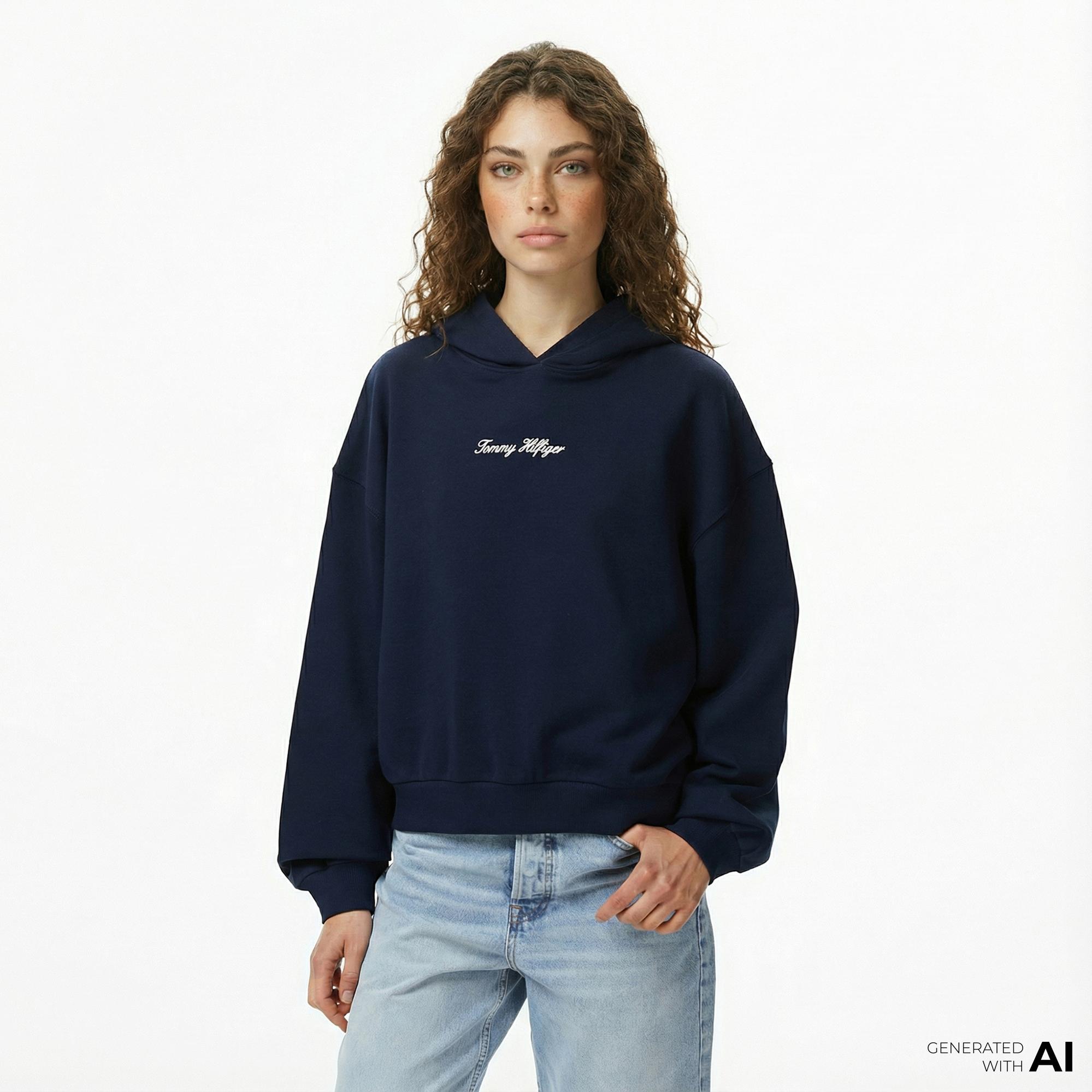 Tommy Hilfiger Classic Script Terry Kadın Lacivert Hoodie