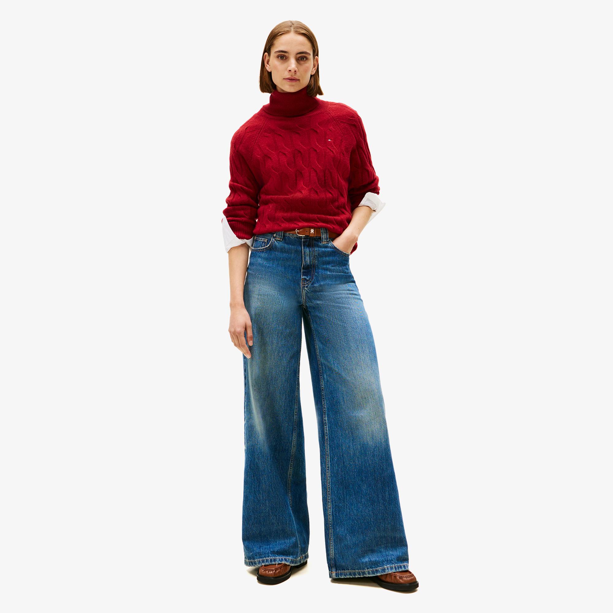 Tommy Hilfiger Soft Wool Cable Roll Kadın Kırmızı Kazak