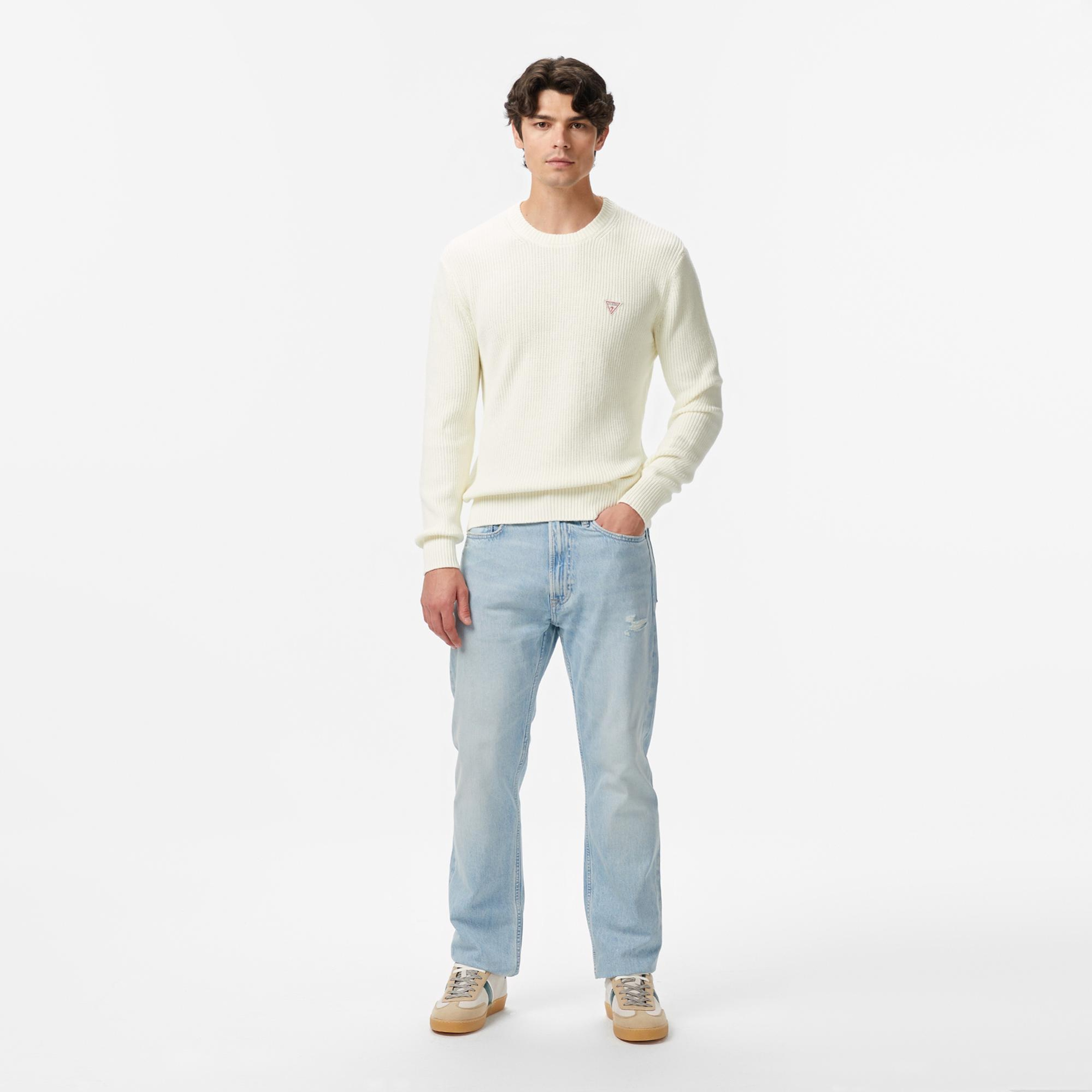 Guess Mini Üçgen Logolu Erkek Beyaz Kazak