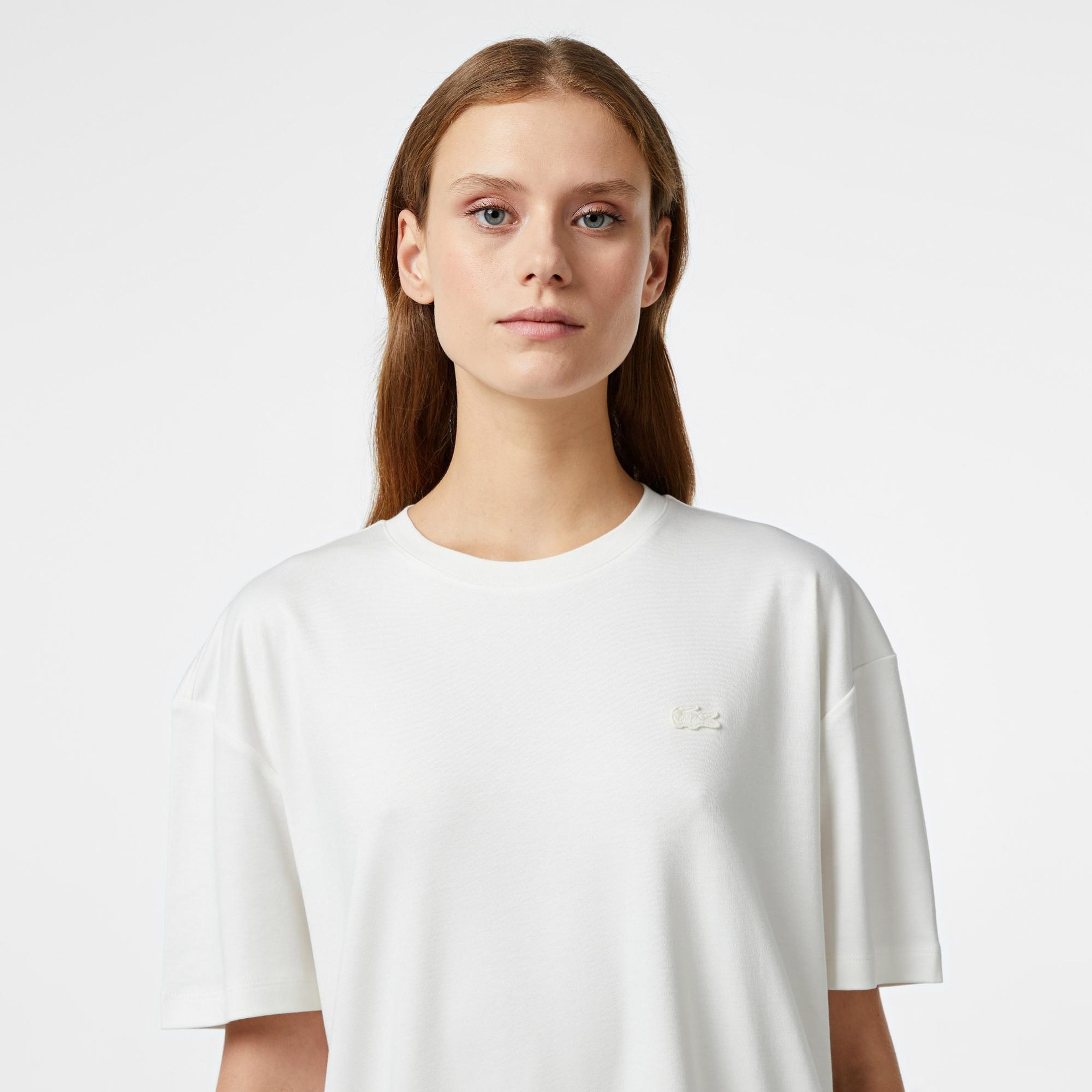 Lacoste Kadın Relaxed Fit Bisiklet Yaka Koyu Beyaz T-Shirt