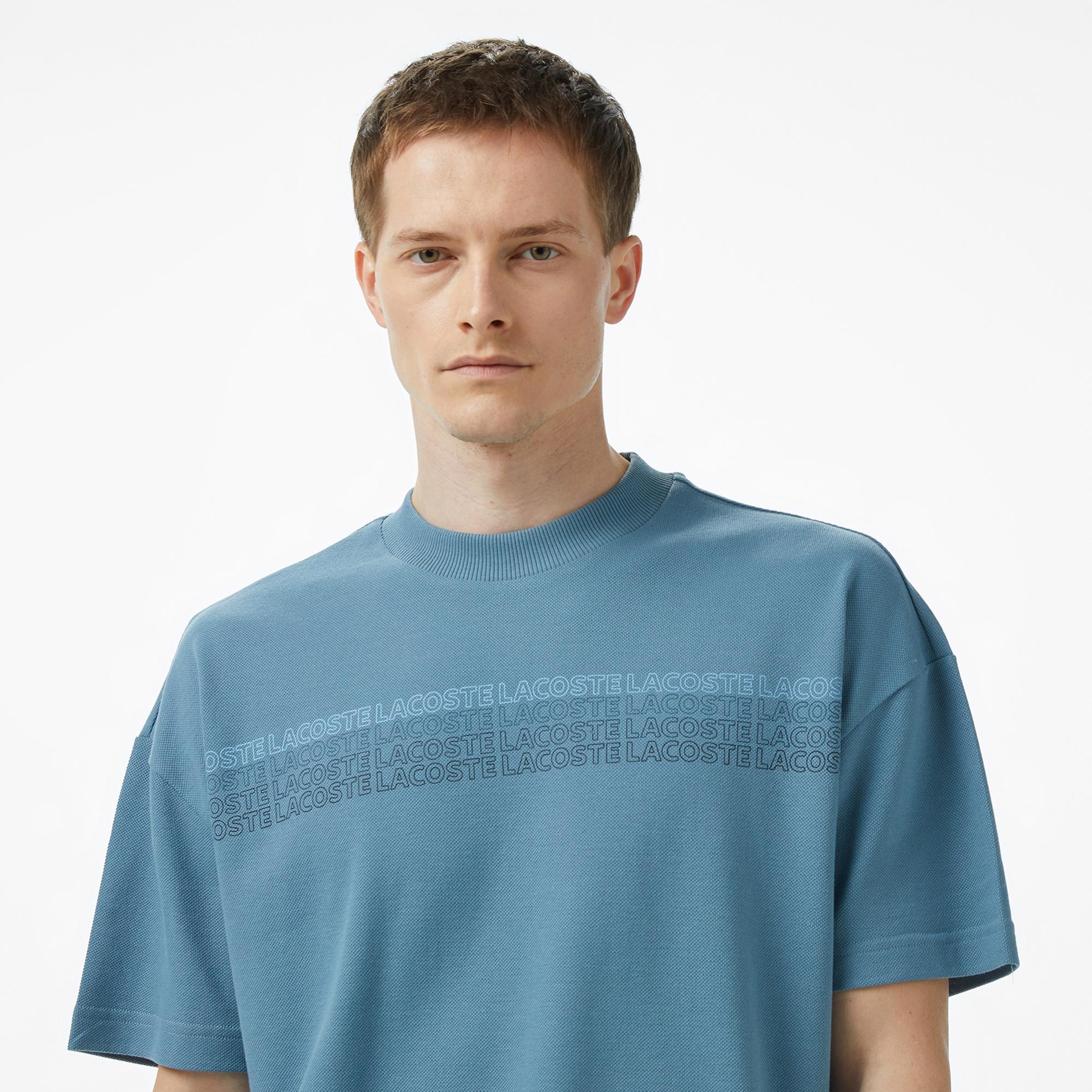 Lacoste Erkek Oversize Fit Bisiklet Yaka Baskılı Mavi T-Shirt