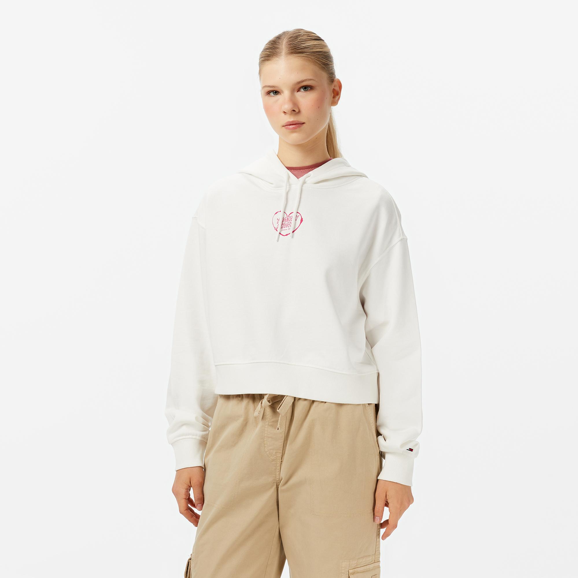 Tommy Jeans Relax Crop Heart Kadın Beyaz Hoodie