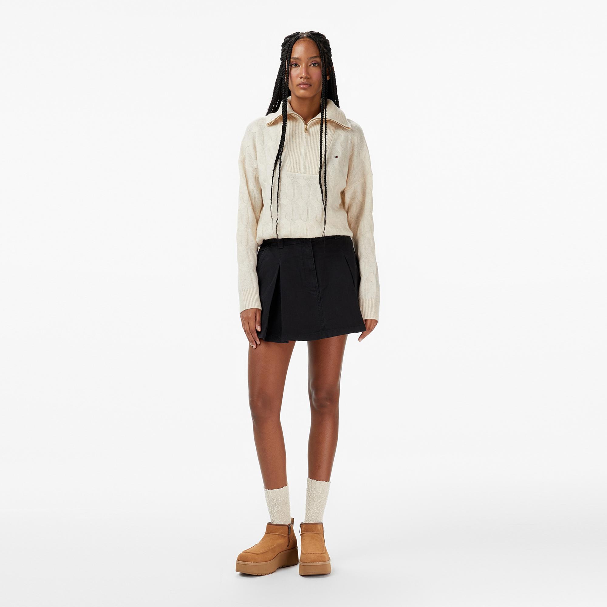 Tommy Hilfiger Soft Wool Cable 1/2 Kadın Bej Yarım Fermuarlı Triko