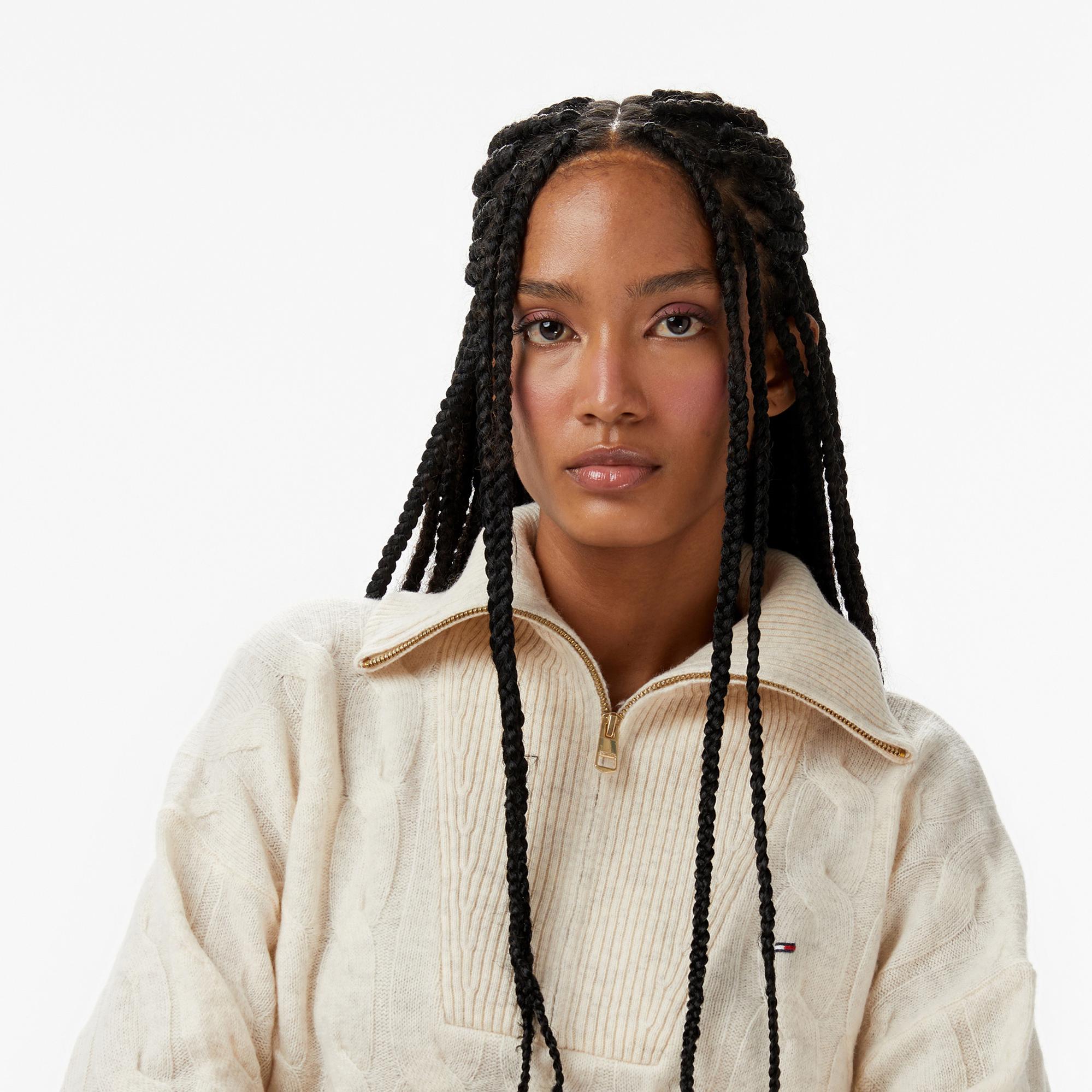 Tommy Hilfiger Soft Wool Cable 1/2 Kadın Bej Yarım Fermuarlı Triko