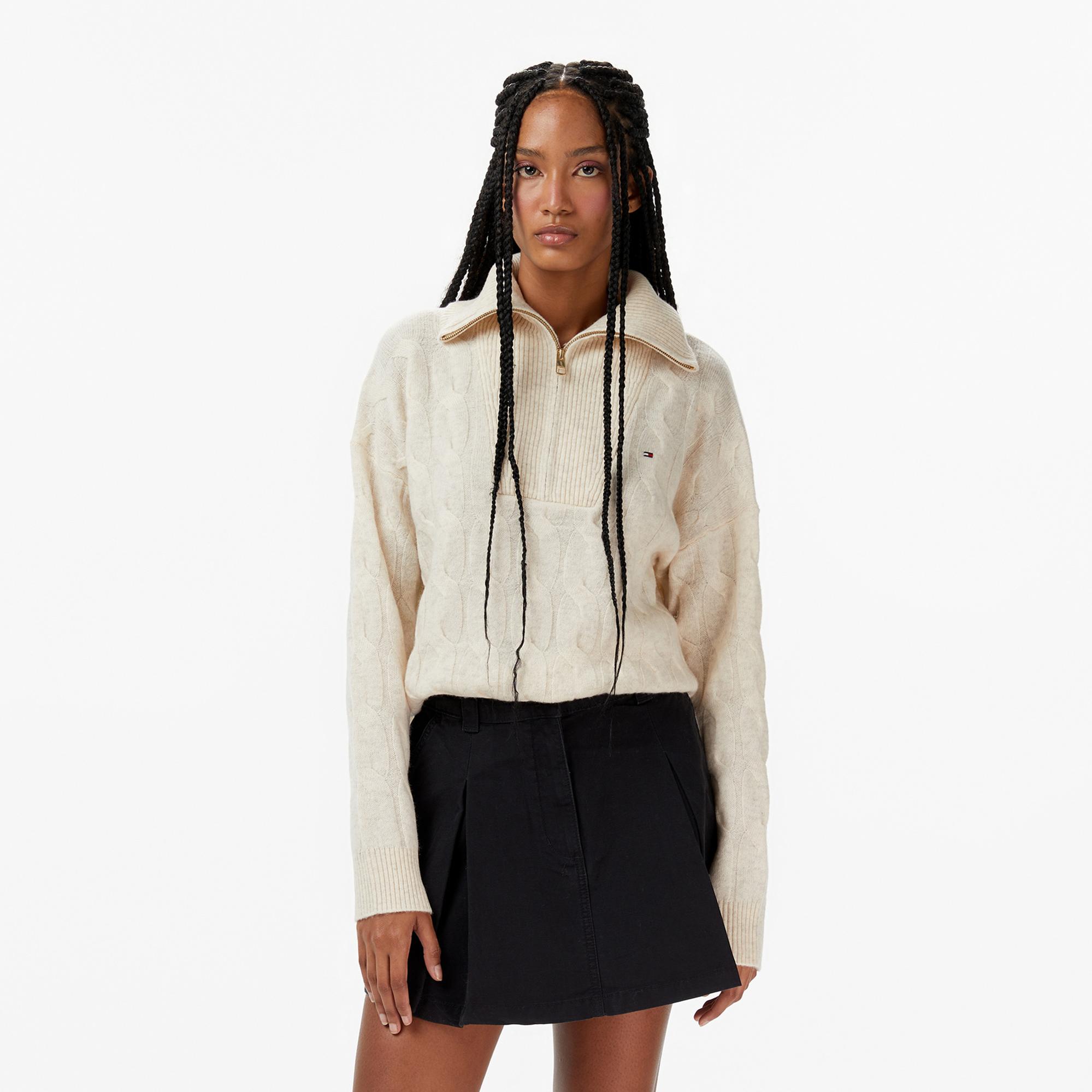 Tommy Hilfiger Soft Wool Cable 1/2 Kadın Bej Yarım Fermuarlı Triko