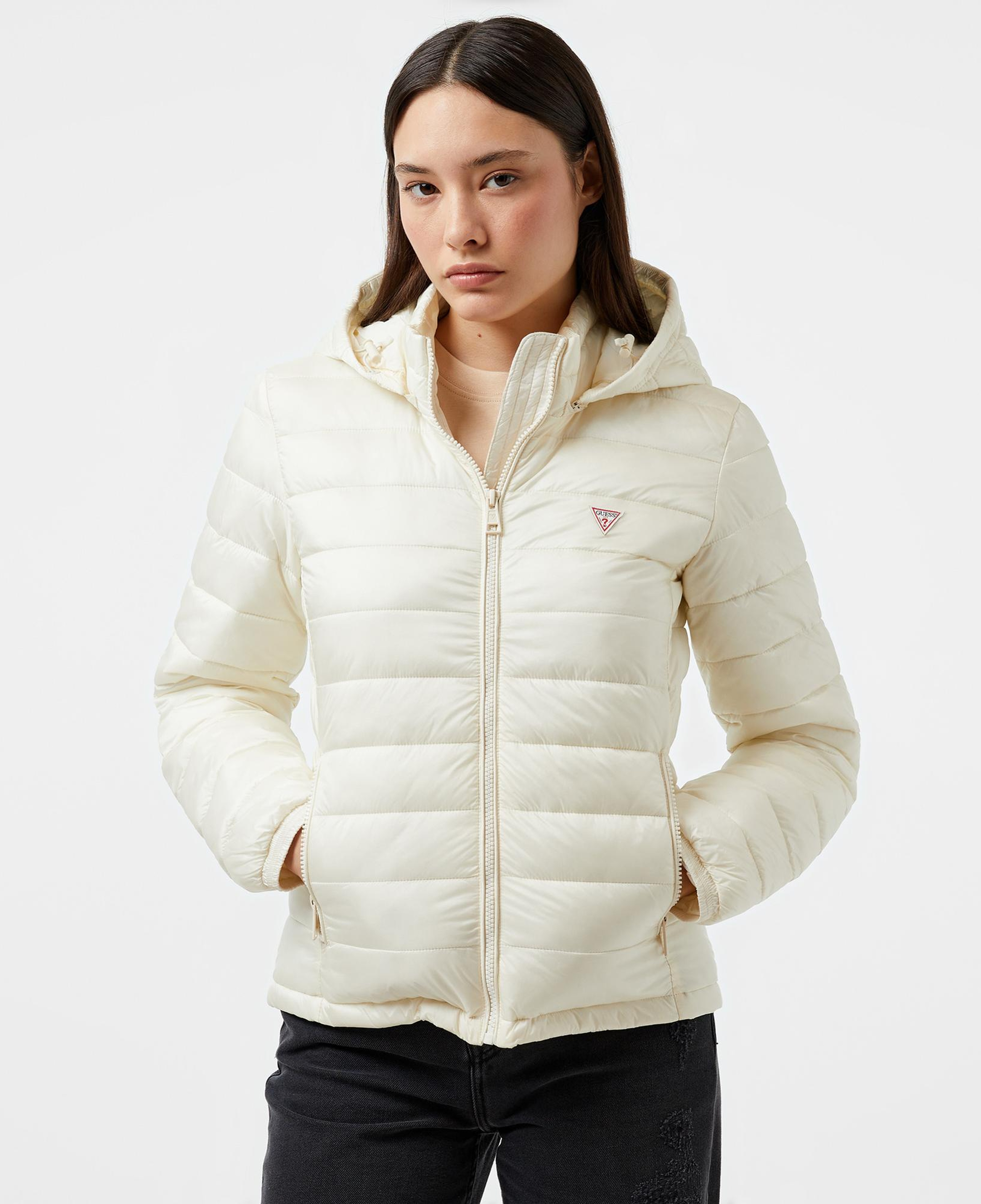 Guess Hooded Puffer Iridescent Nylon 40 Kadın Krem Rengi Mont