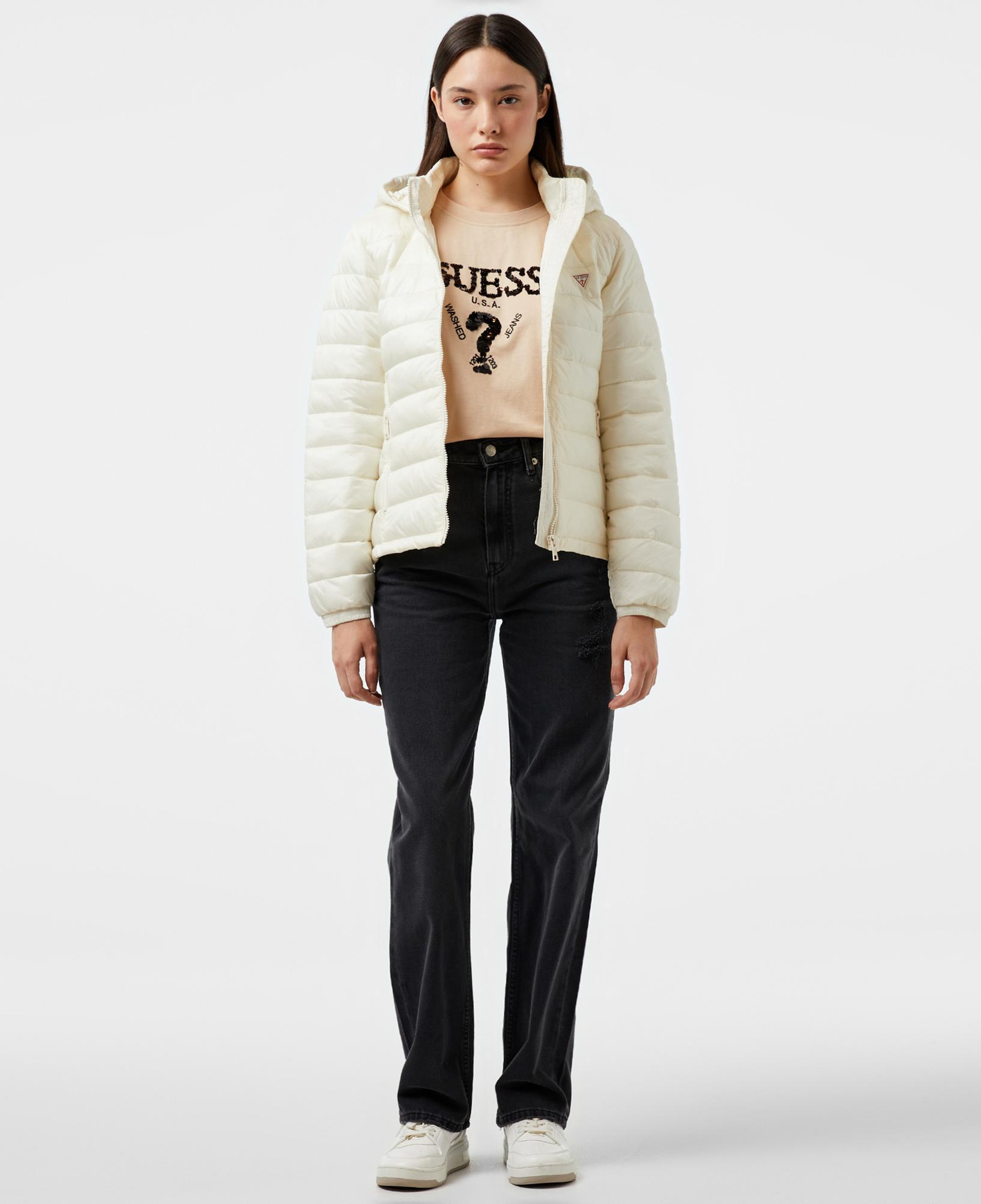 Guess Hooded Puffer Iridescent Nylon 40 Kadın Krem Rengi Mont