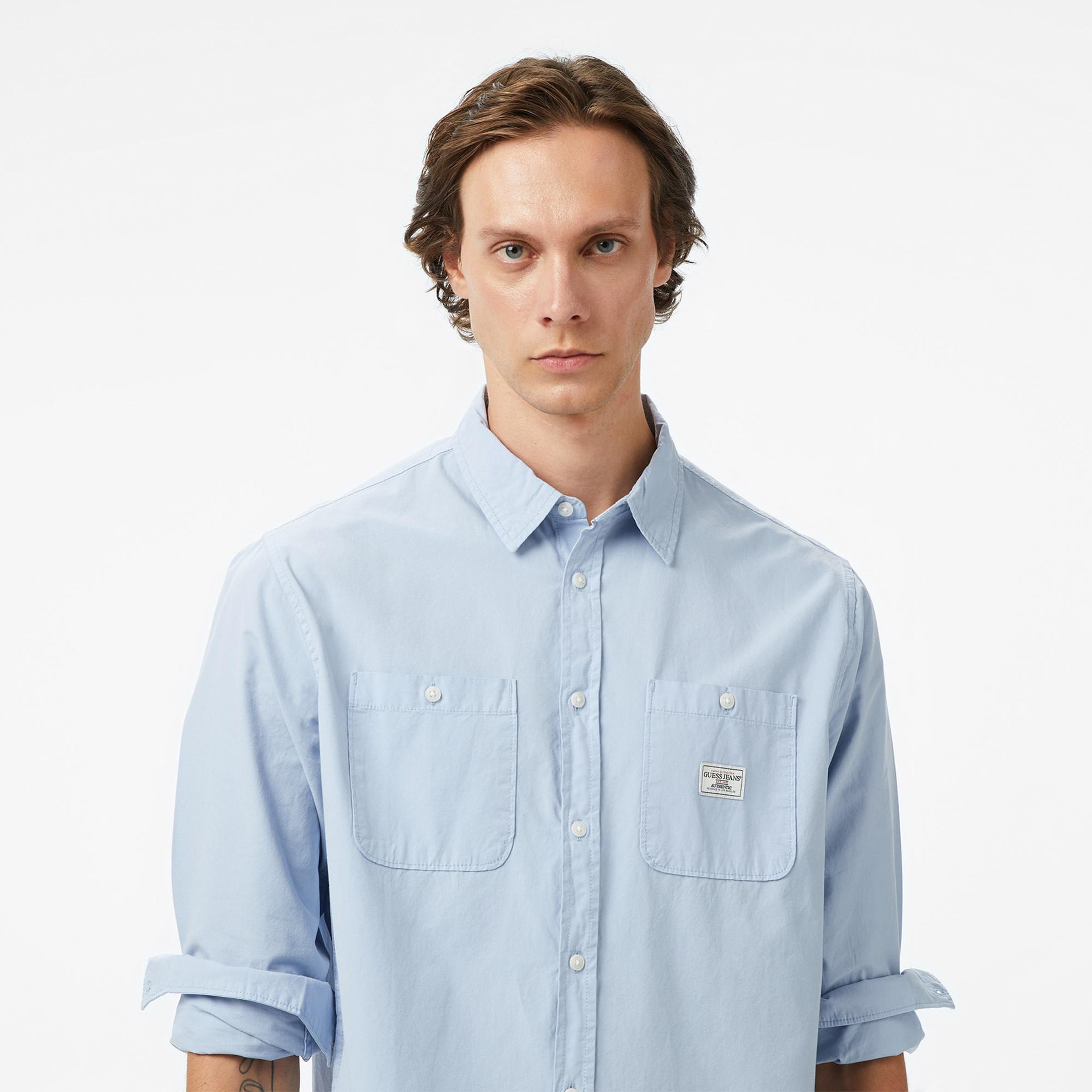 Guess Pockets Organic Cotton Poplin Erkek Mavi Gömlek