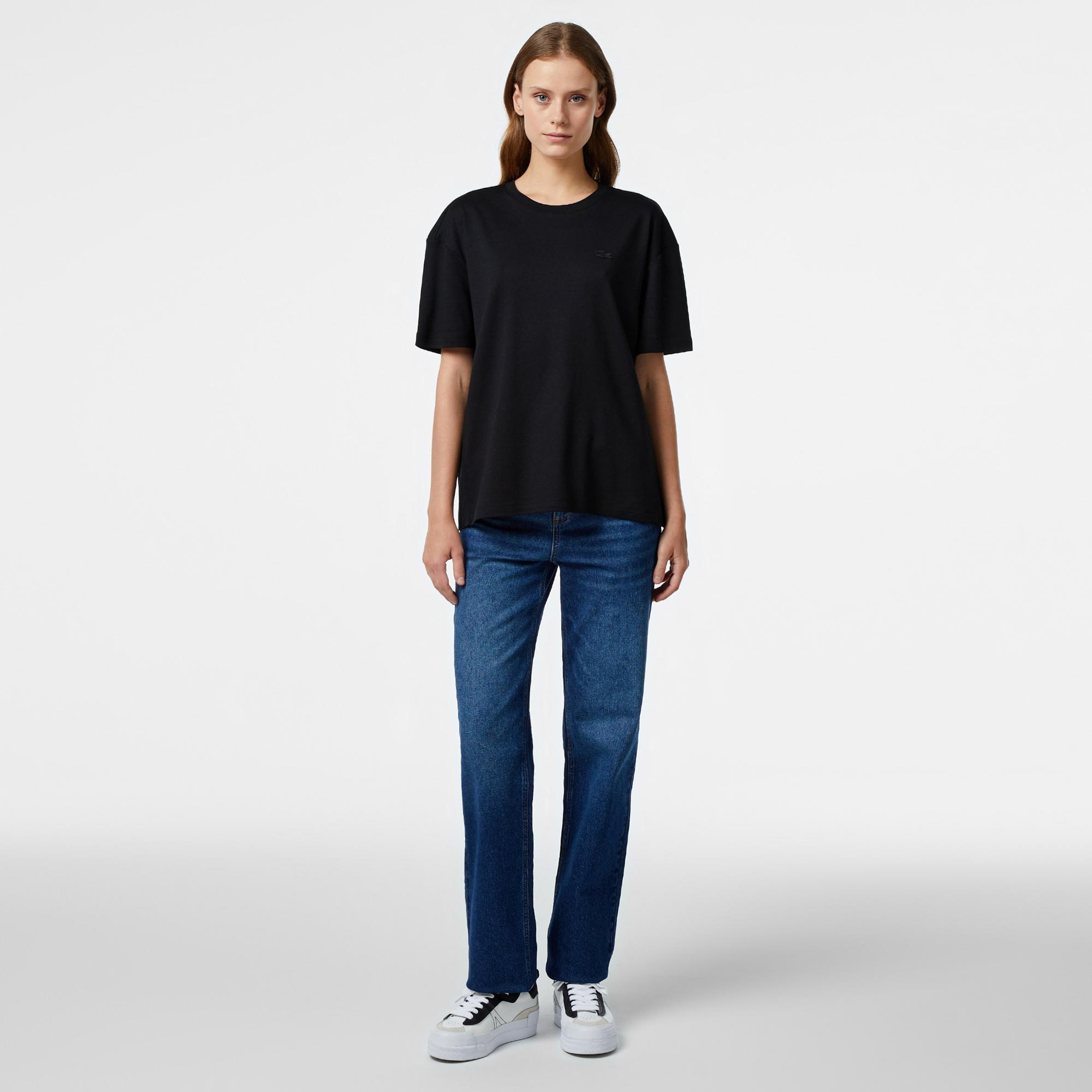 Lacoste Kadın Relaxed Fit Bisiklet Yaka Koyu Siyah T-Shirt