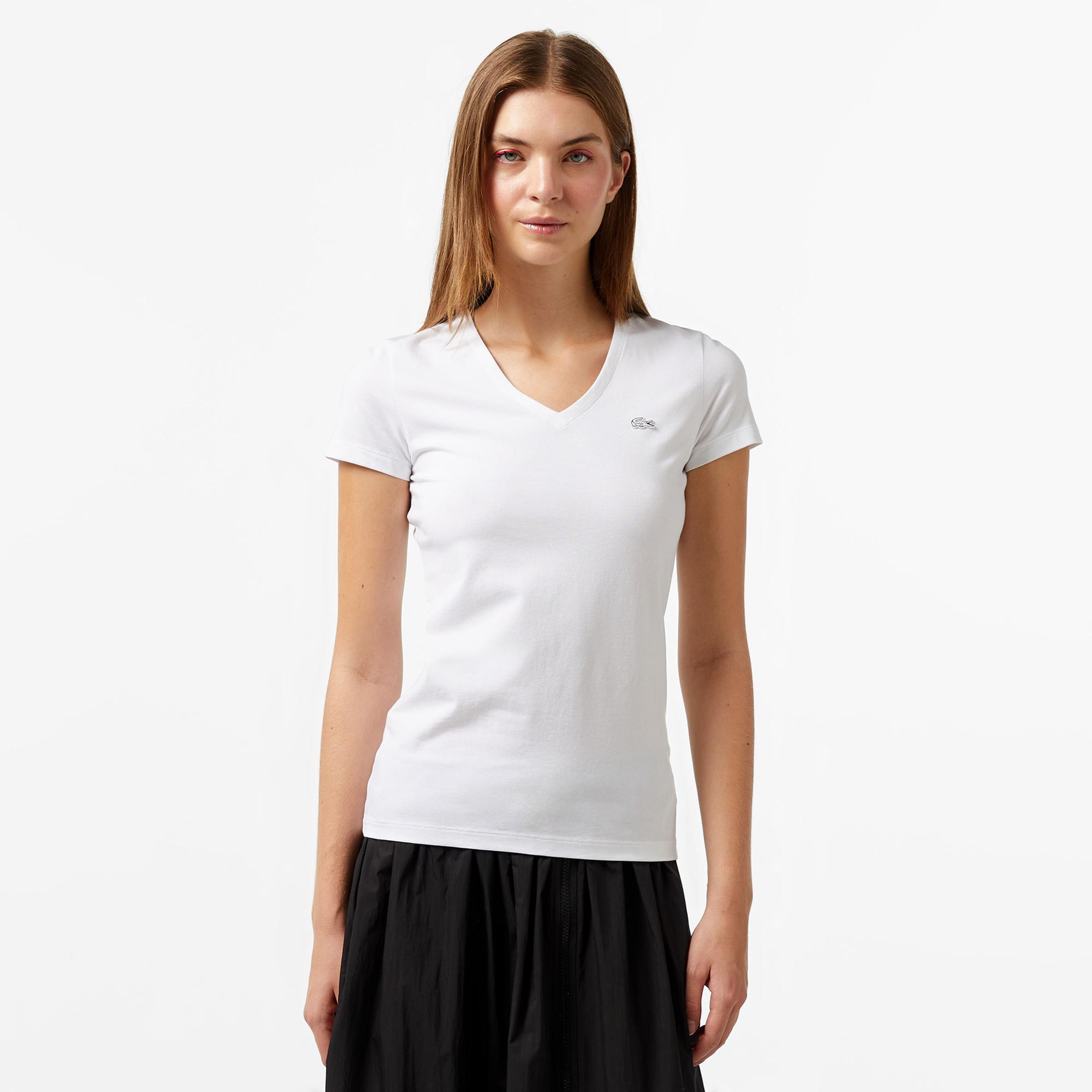 Lacoste Kadın Slim Fit V Yaka Beyaz T-Shirt