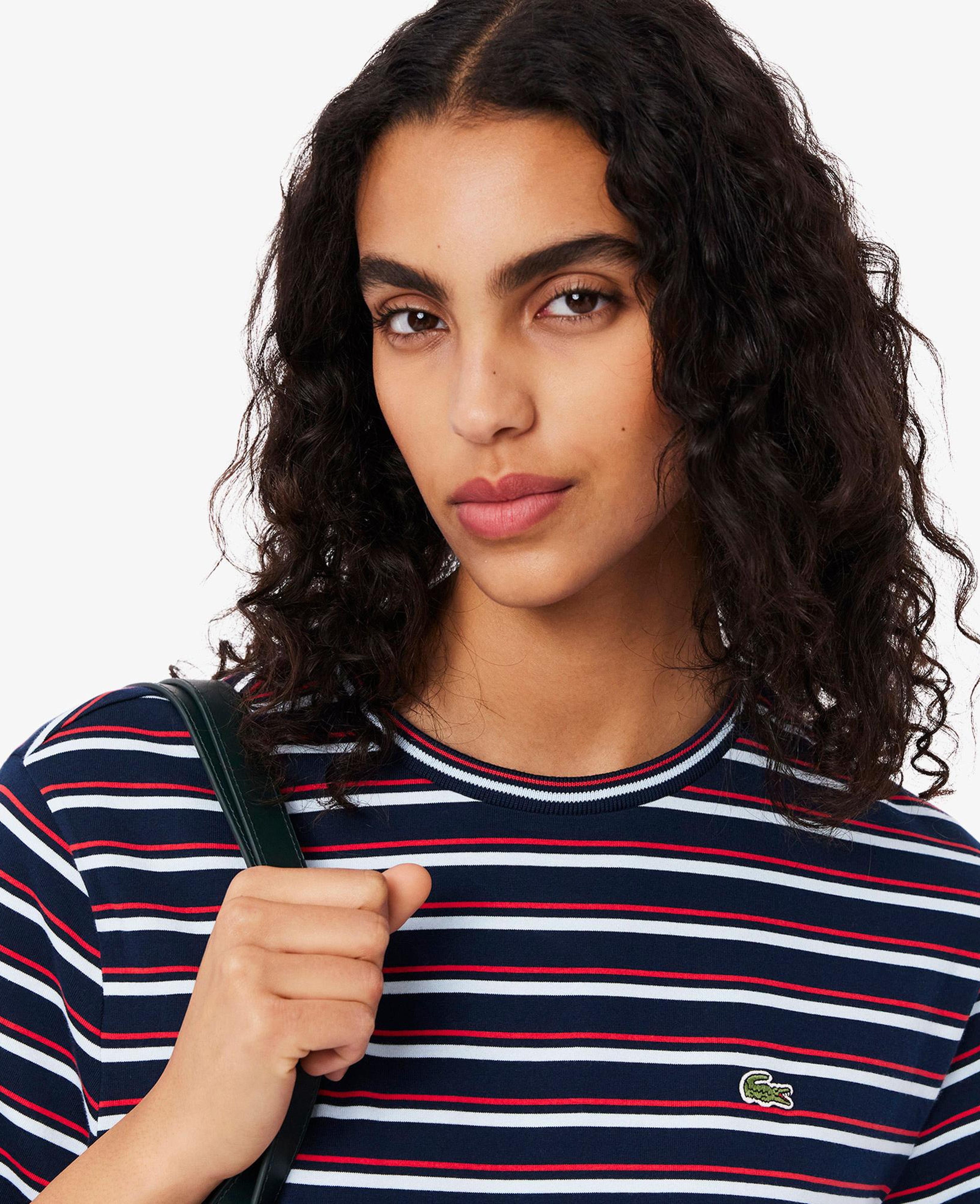 Lacoste Kadın Regular Fit Bisiklet Yaka Çizgili Lacivert T-Shirt