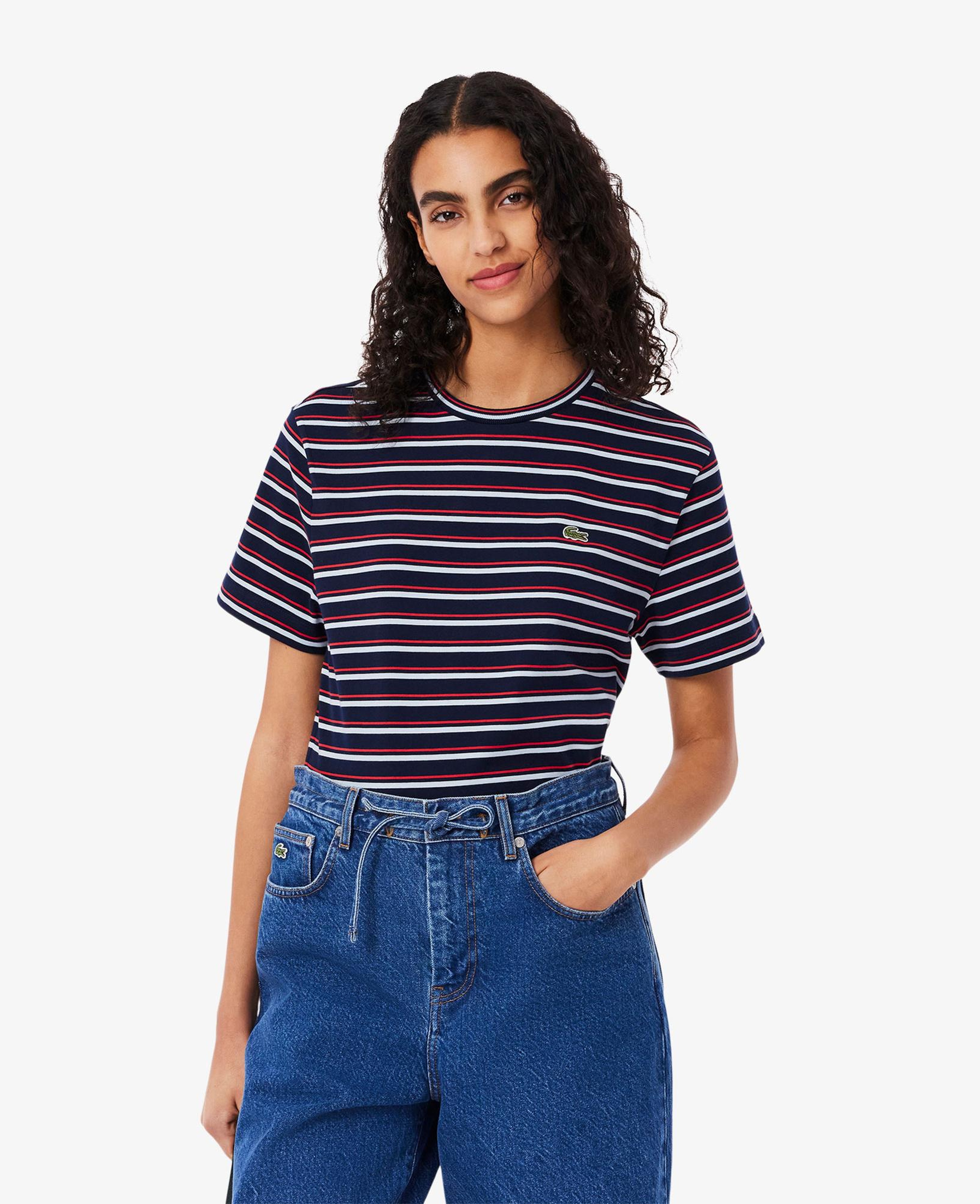 Lacoste Kadın Regular Fit Bisiklet Yaka Çizgili Lacivert T-Shirt
