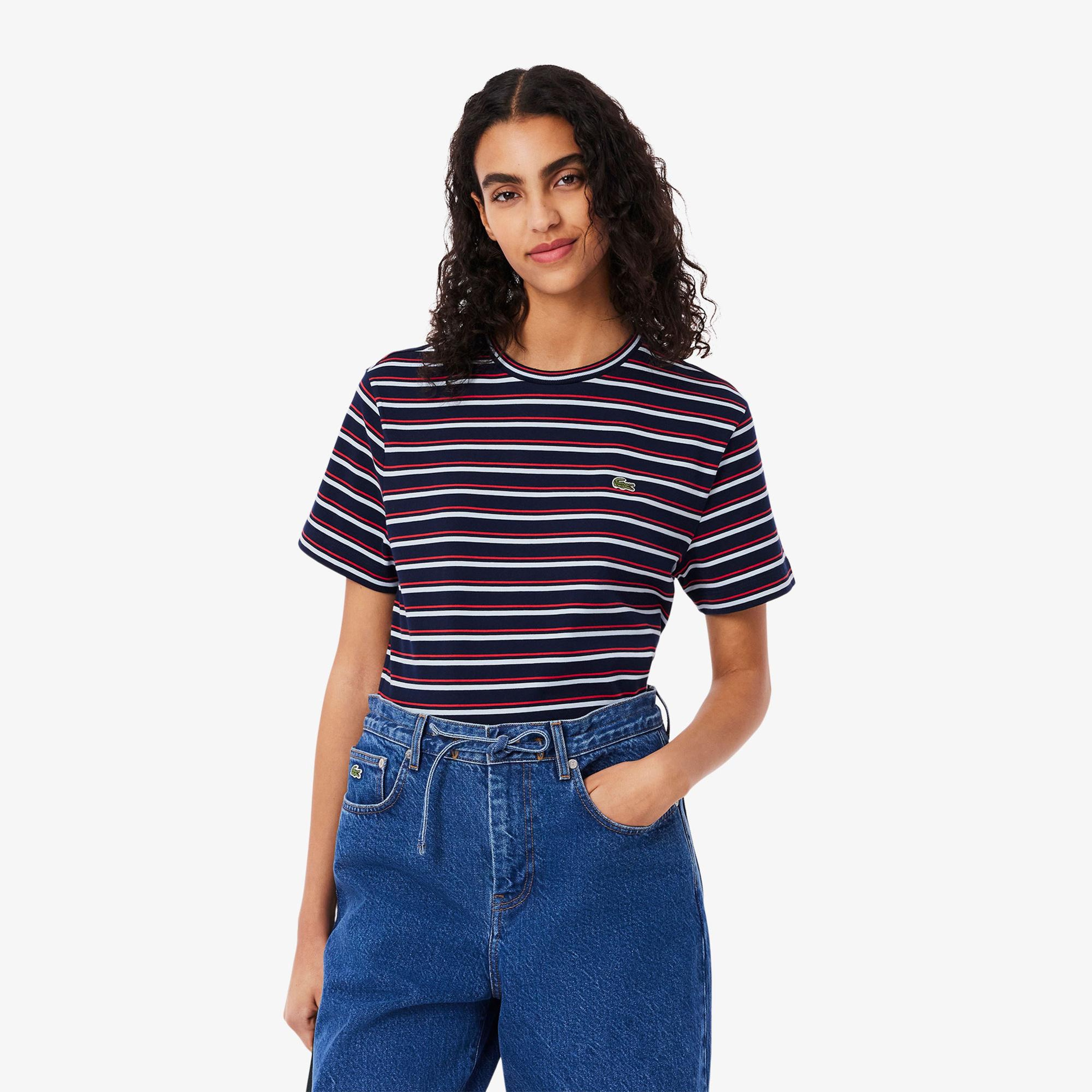 Lacoste Kadın Regular Fit Bisiklet Yaka Çizgili Lacivert T-Shirt