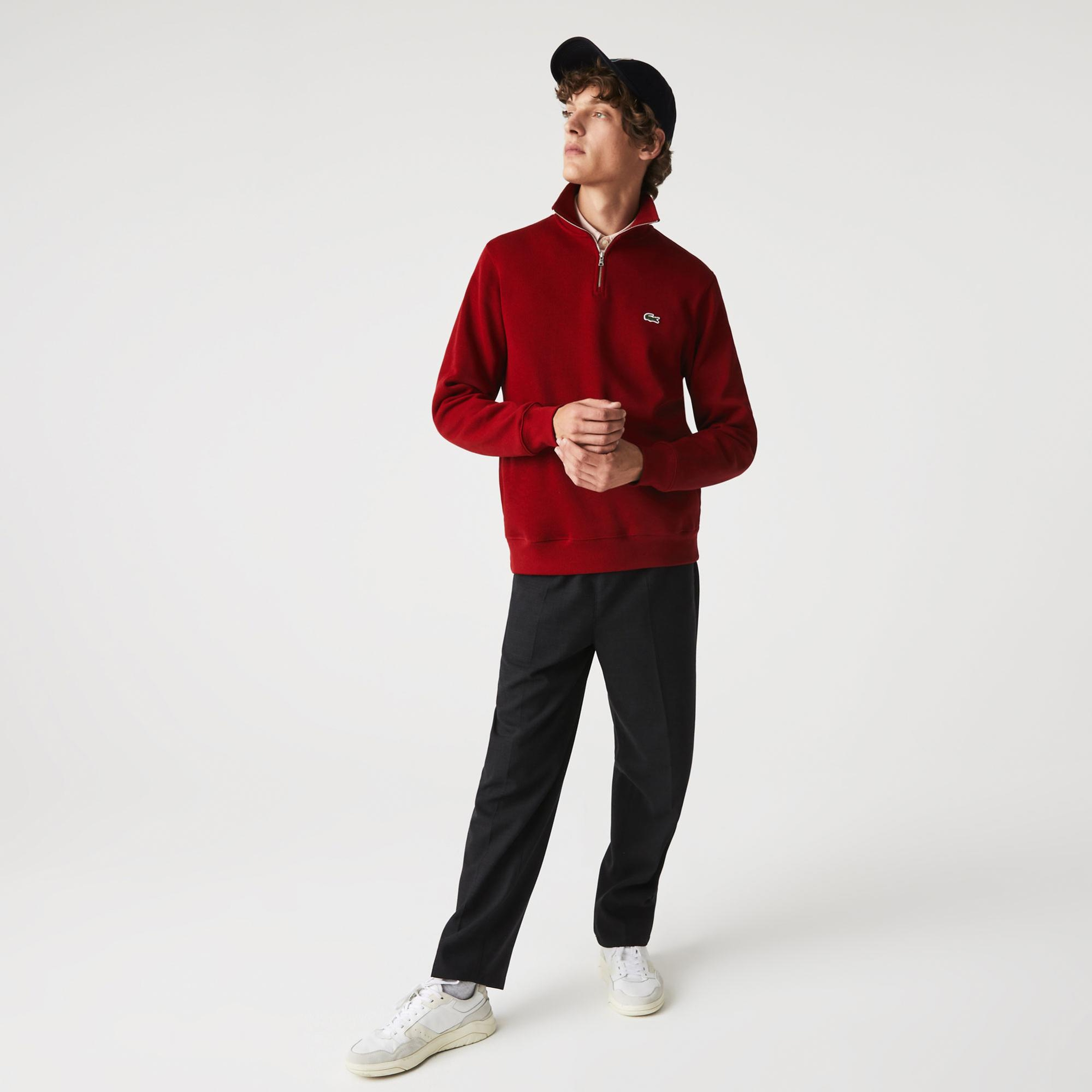 Erkek Classic Fit Yarım Fermuarlı Bordo Sweatshirt